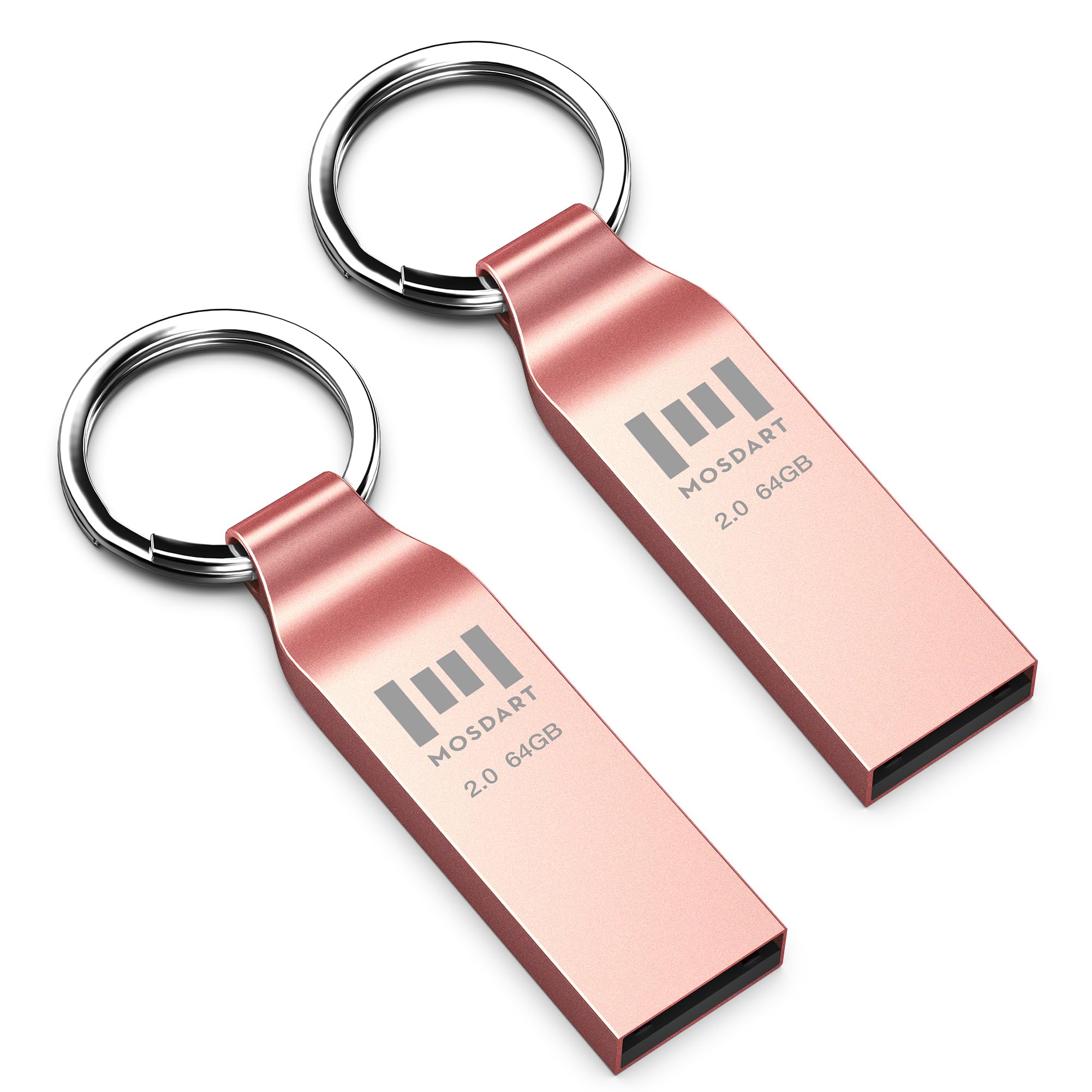 MOSDART 64GB Waterproof USB 2.0 Flash Drive - Metal Memory Stick with Keychain, exFAT Format for Windows/Mac, Rose Gold (2 Pack) - Perfect for System Backup, Data Storage & File Transfer at Home, Office or School