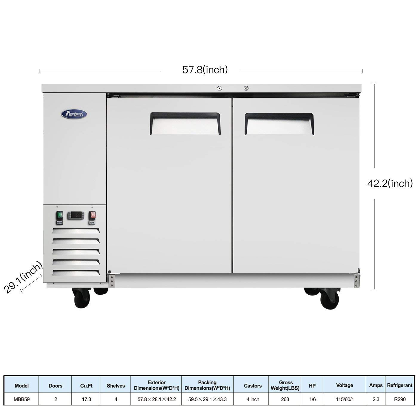 Atosa Commercial Back Bar Cooler with Solid Door - Energy Efficient Under Counter Refrigerator for Bars, Restaurants & Cafes - Perfect for Storing Beverages, Ingredients & Perishables