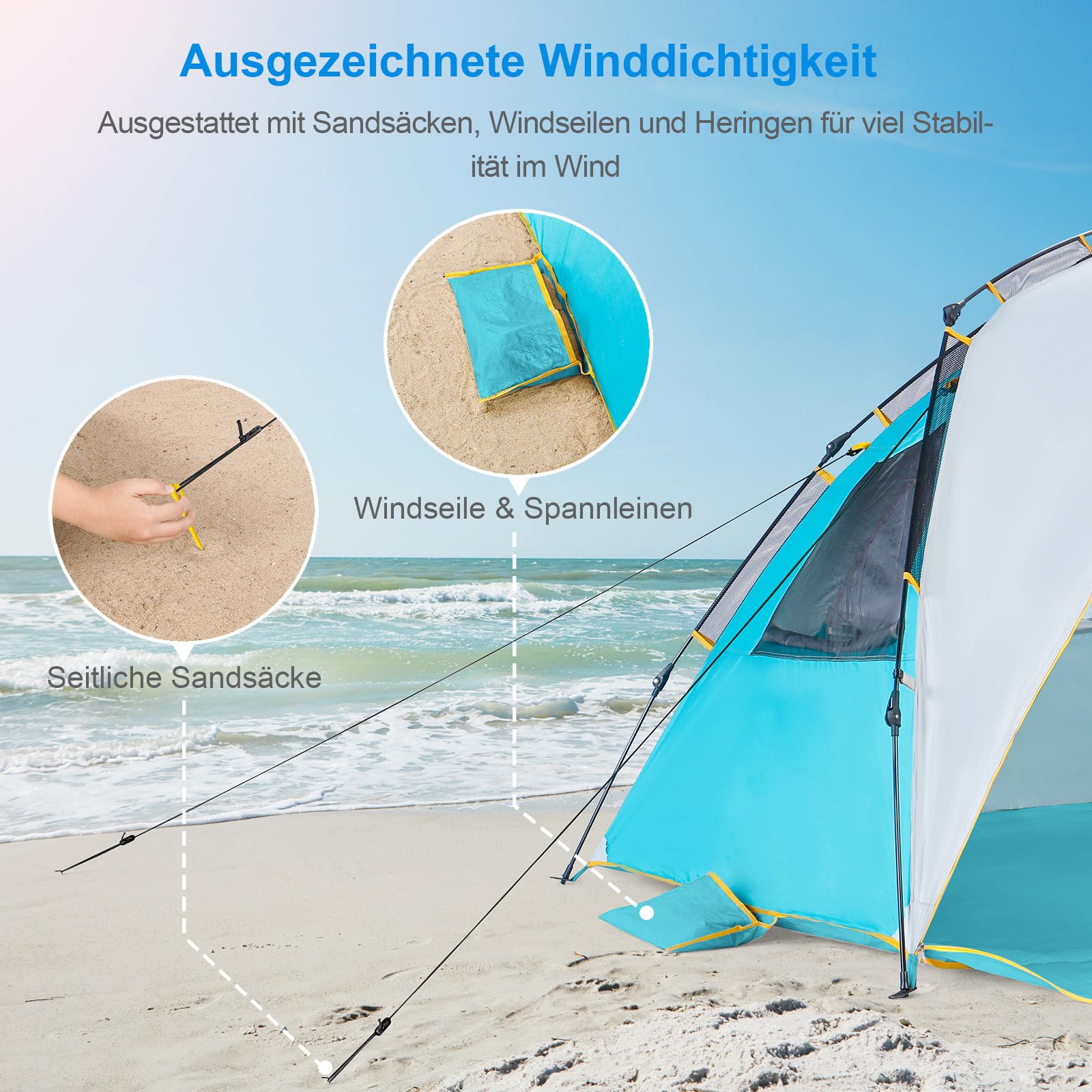WolfWise Beach Tent with UPF 50+ Sun Protection, Quick Setup Pop Up Sun Shelter for 4-5 People, Portable Windproof Shade Tent with Expandable Floor - Perfect for Family Camping, Beach, Garden & Outdoor Activities
