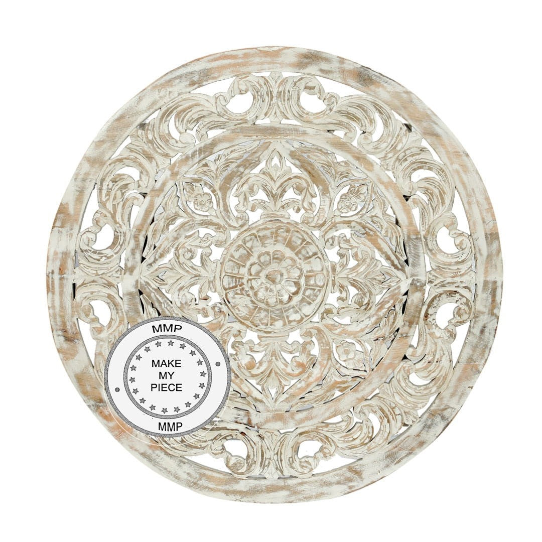 Handcrafted Dynasty Oriental Furniture Round Carved Panel Bedhead in Whitewash Finish - Perfect for Bedroom Decor, Asian-Inspired Home Interiors & Feng Shui Bedroom Design