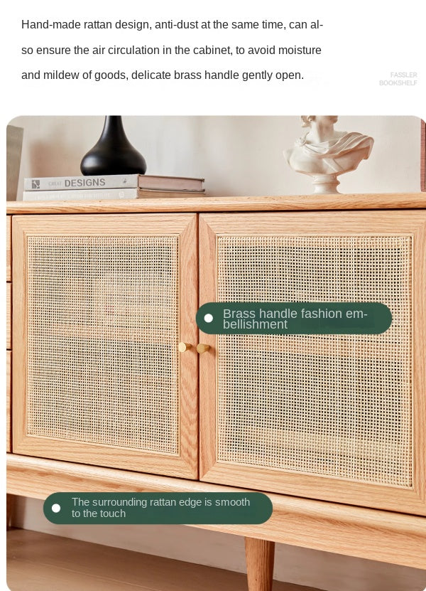 Modern Oak Solid Wood Rattan TV Stand with Storage - Entertainment Center for Living Room, Bedroom & Home Theater Setup
