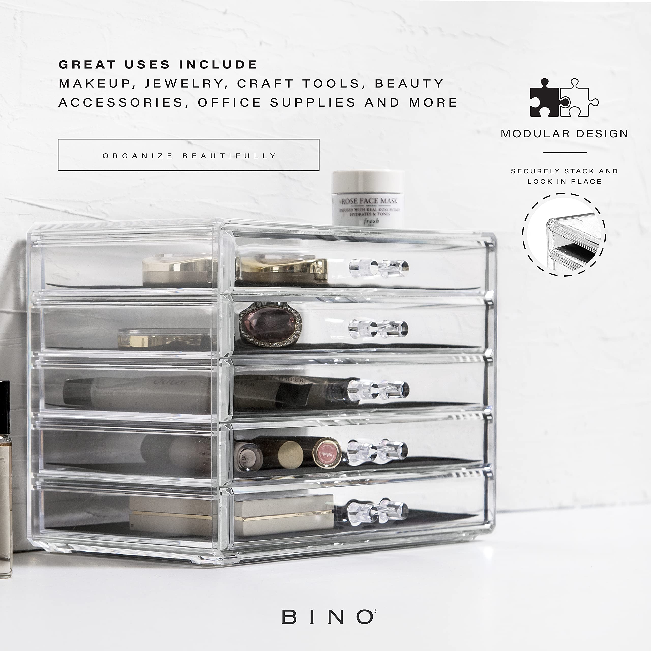 BINO Acrylic Makeup Drawer Organizer - 5 Drawers | Clear Beauty Storage for Vanity & Jewelry