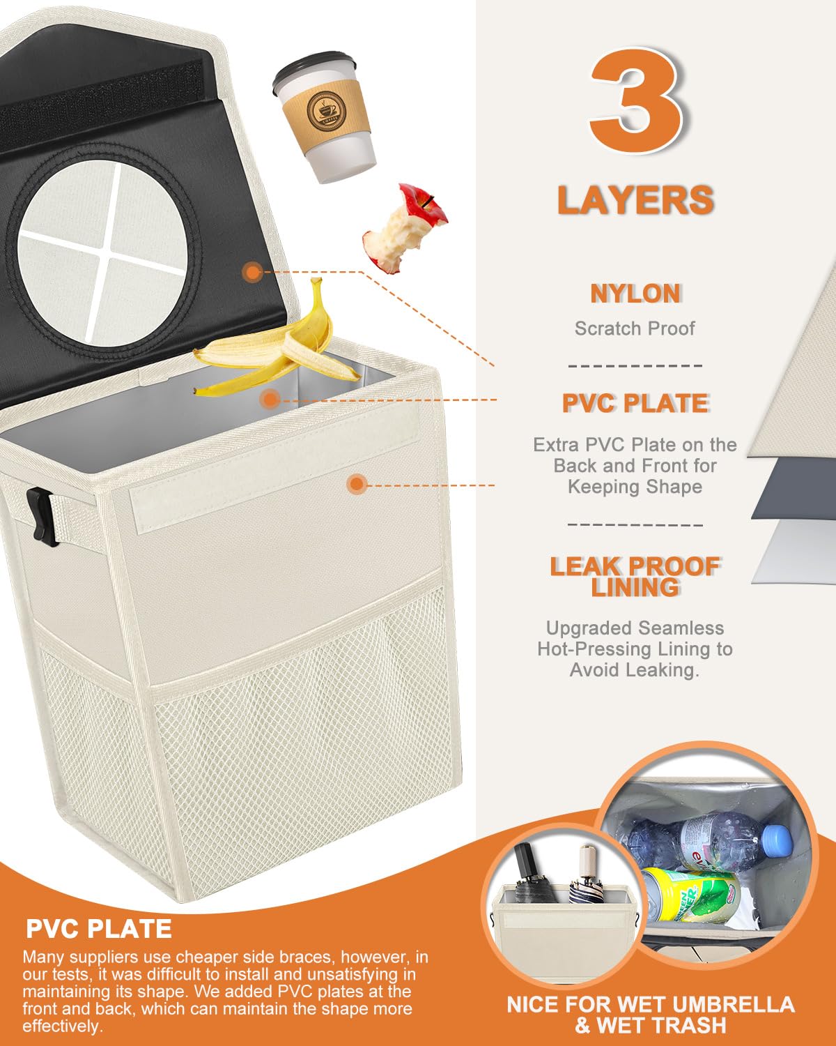 Leakproof Car Trash Can with Lid - Hanging Vehicle Garbage Bin Organizer for Front/Back Seat, Portable Automotive Trash Bag (Trapezoid, Beige) - Perfect for Road Trips, Commuting & Keeping Your Car Clean