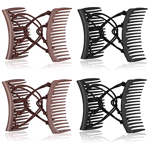 4 Pack Stretchy Double Comb Hair Clips - Adjustable No Crease Elastic Hair Pins for Women with Thick, Curly or Wavy Hair - Perfect for Ponytails, Buns & Updos (Black & Coffee)