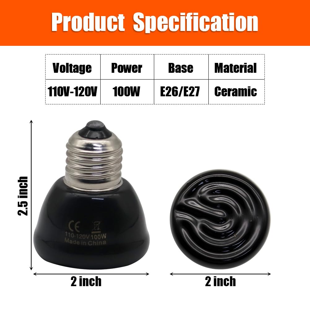 Mini Reptile Heat Lamp Bulb - 4 Pack Ceramic Infrared Heat Emitter for Snakes, Turtles & Lizards - E26/E27 Base 100W No Light - Perfect for Terrariums, Chicken Coops & Pet Habitats