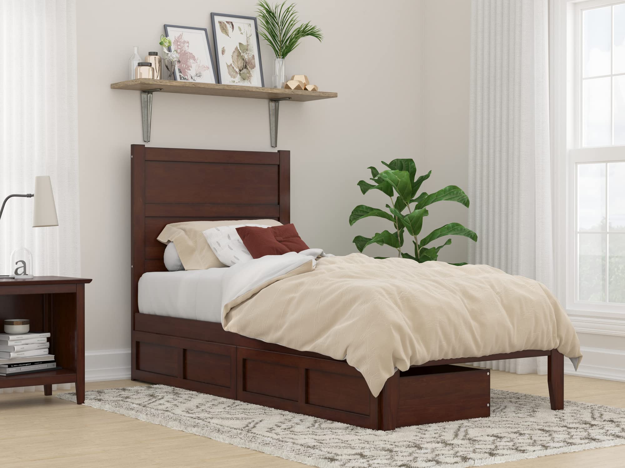 AFI NoHo Twin XL Platform Bed with Storage Drawers & USB Charging Station - Walnut Finish Space-Saving Bed Frame for Small Bedrooms, Dorms & Studio Apartments