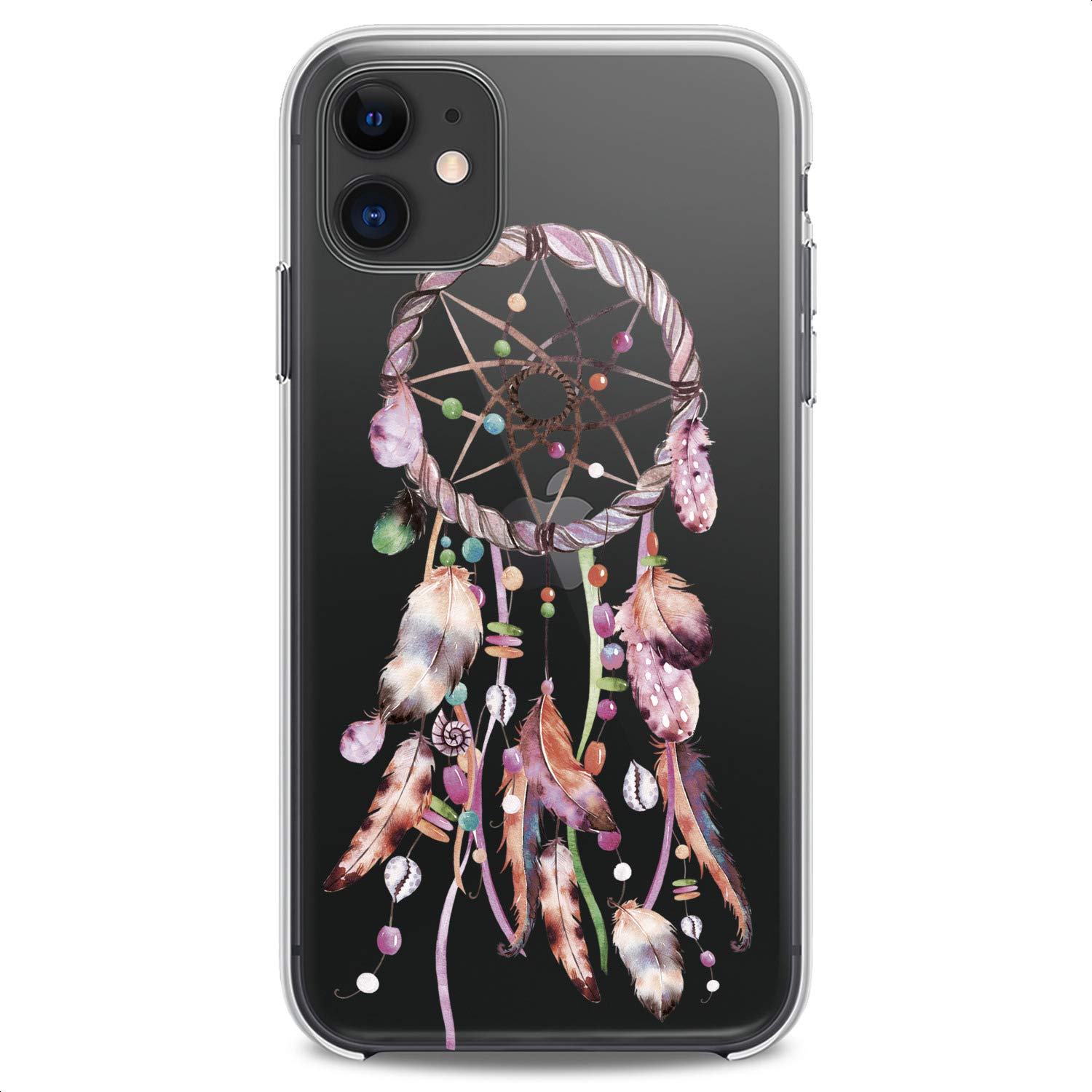 Premium TPU Phone Case for iPhone 16/15/14/13/12/11 Pro Max/Plus/Mini/XS/XR/X/8+/7/6/5/SE - Clear Tribal Totem Design with Cute Pink Feather Catcher - Slim Flexible Silicone Protective Cover for Everyday Use & Trendy Style