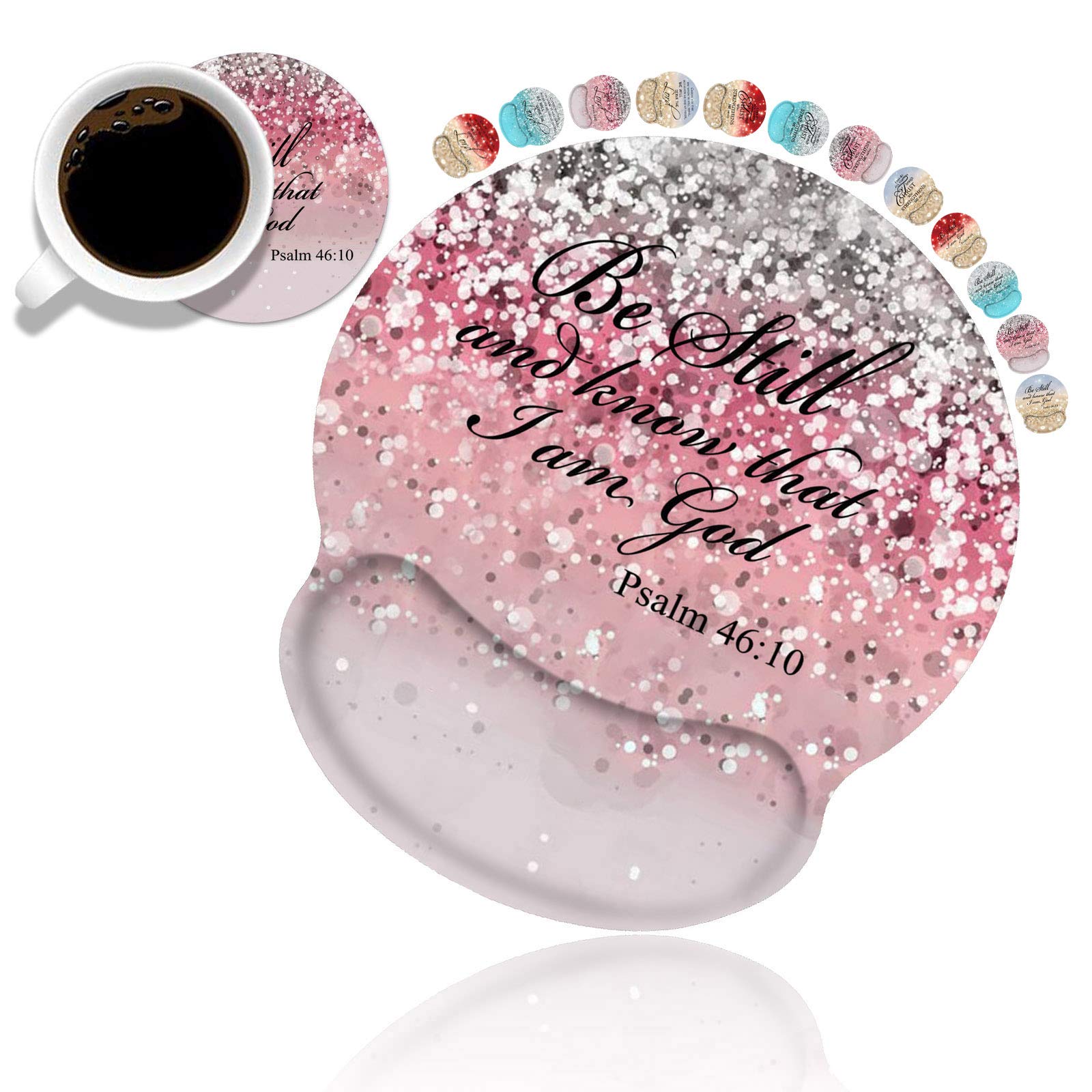 Ergonomic Mouse Pad with Wrist Support & Coasters Set - Non-Slip PU Base Gaming Mouse Mat with Lycra Cloth for Computer, Laptop, Home & Office - Pink Glitter Design with Bible Verse Psalm 46:10 - Perfect for Work, Gaming & Daily Computer Use