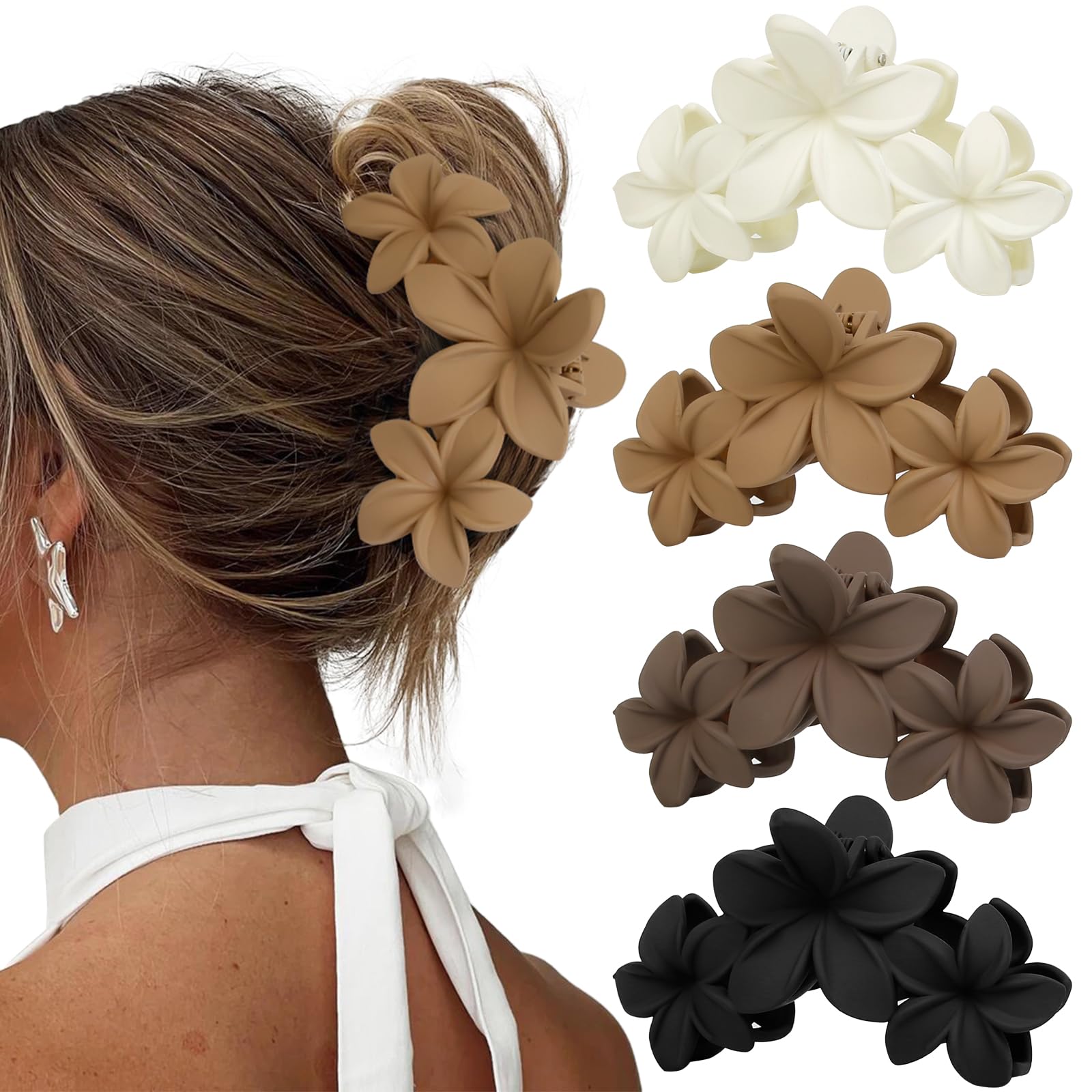 Hawaiian Plumeria Flower Hair Clips for Women - Large Matte Non-Slip Claw Clips for Thick & Thin Hair - Strong Hold Beach Hair Accessories (4 Pack) - Perfect for Summer, Vacations, Weddings & Everyday Style
