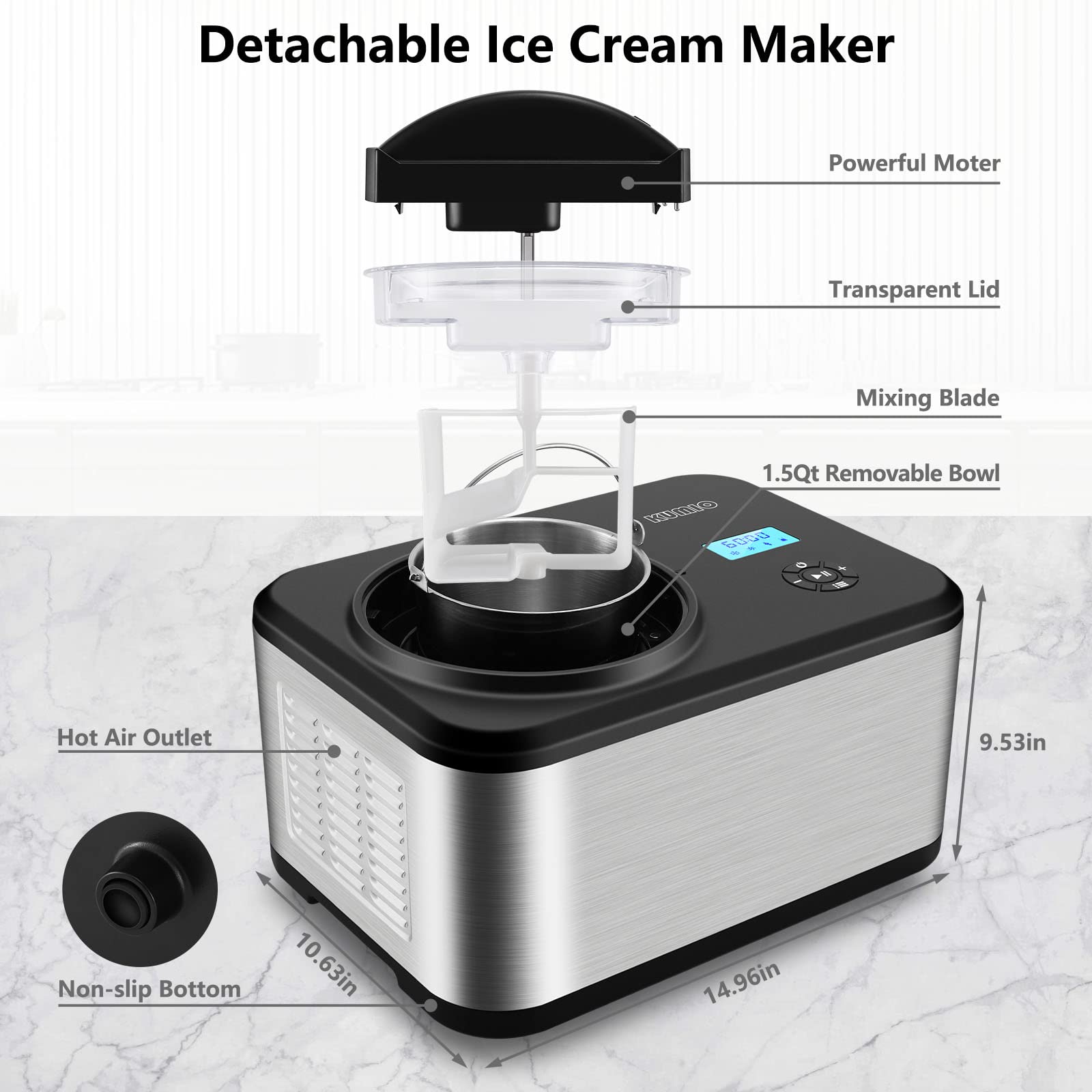 KUMIO 1.6-Quart Automatic Ice Cream Maker with Compressor - No Pre-Freezing Needed, 4 Modes for Homemade Gelato, Frozen Yogurt & Sorbet - LCD Display & Timer - Stainless Steel Ice Cream Machine for Parties, Family Gatherings & Dessert Lovers