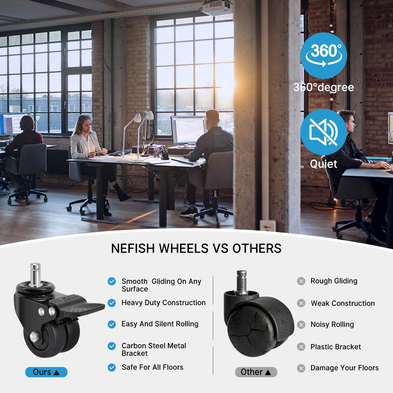 **Heavy Duty 2 Inch Office Chair Caster Wheels with Brake - 11mm Stem, 750lbs Capacity (Set of 5) - Universal Fit, Quiet Rubber Rollers for Hardwood & Carpet Floors - Perfect for Home Office, Conference Rooms & Workspaces**