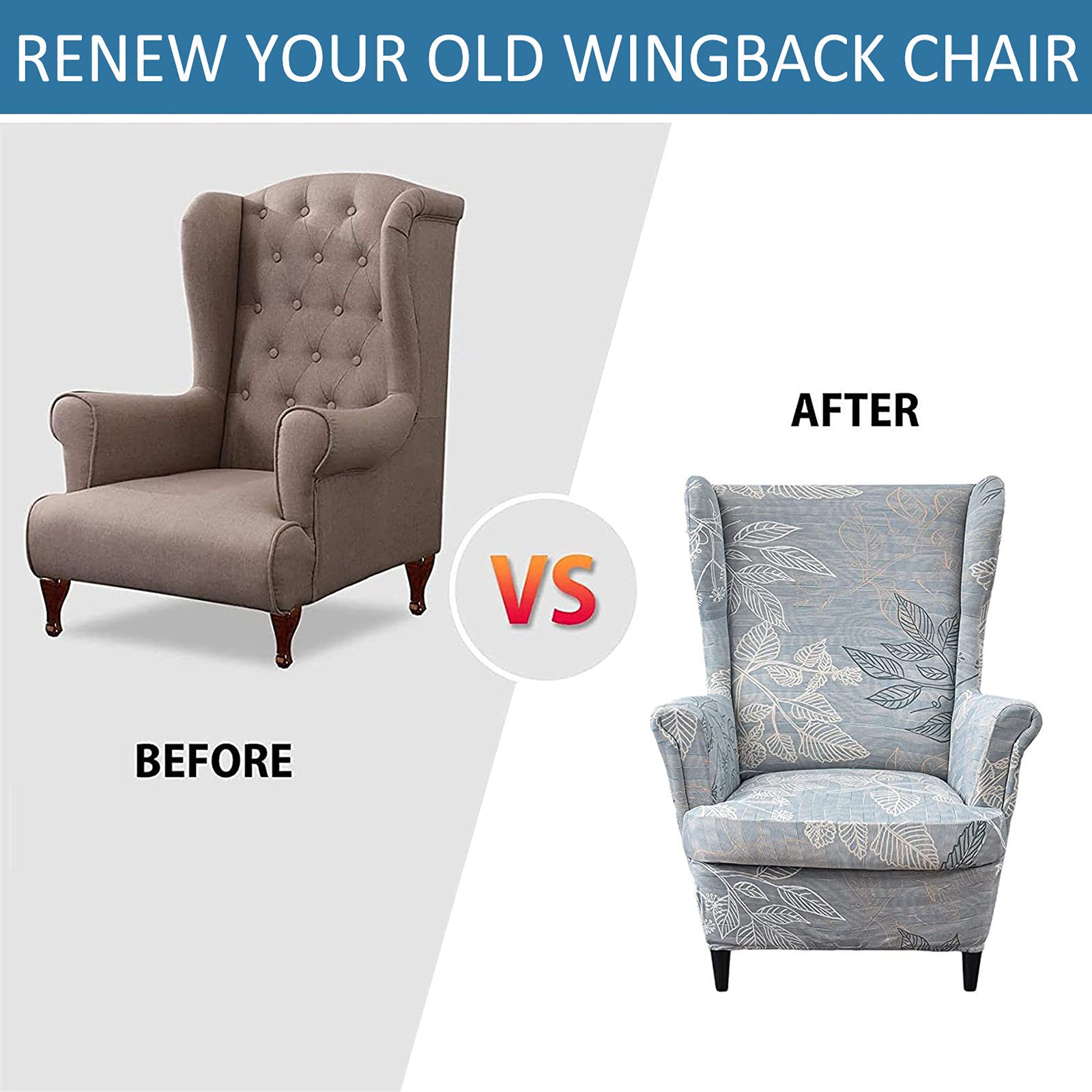 Printed Stretch Wing Chair Slipcover 2-Piece Set - Soft Spandex Wingback Chair Covers Washable & Removable - Perfect for Living Room, Bedroom, or Office Decor
