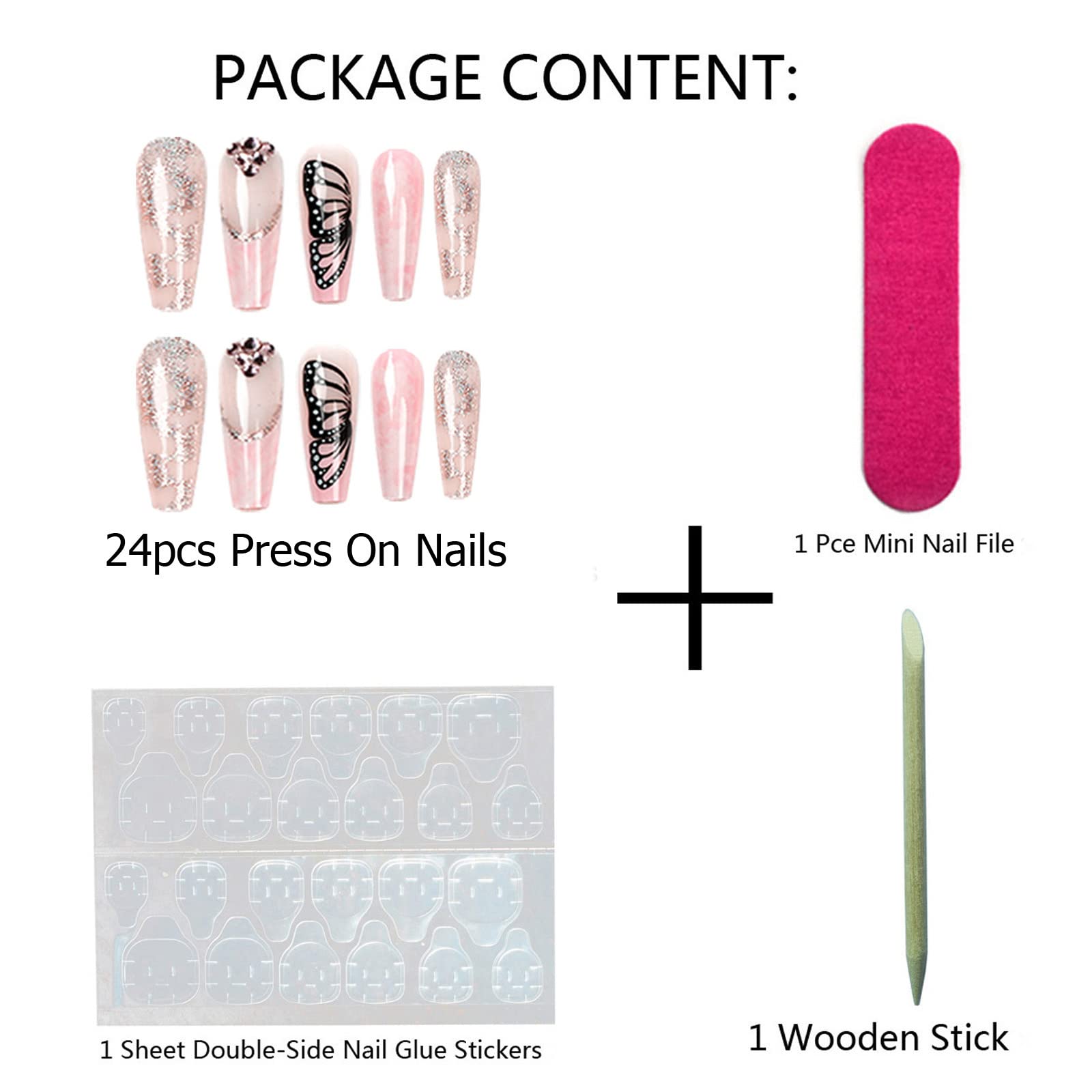 24 Pcs Long Fake Nails - Pink French Coffin Ballerina Press on Nails with Rhinestones & Glitter | False Nails with Nail Glue Stickers | Artificial Nails for Women & Girls | Perfect for Parties, Weddings & Special Occasions