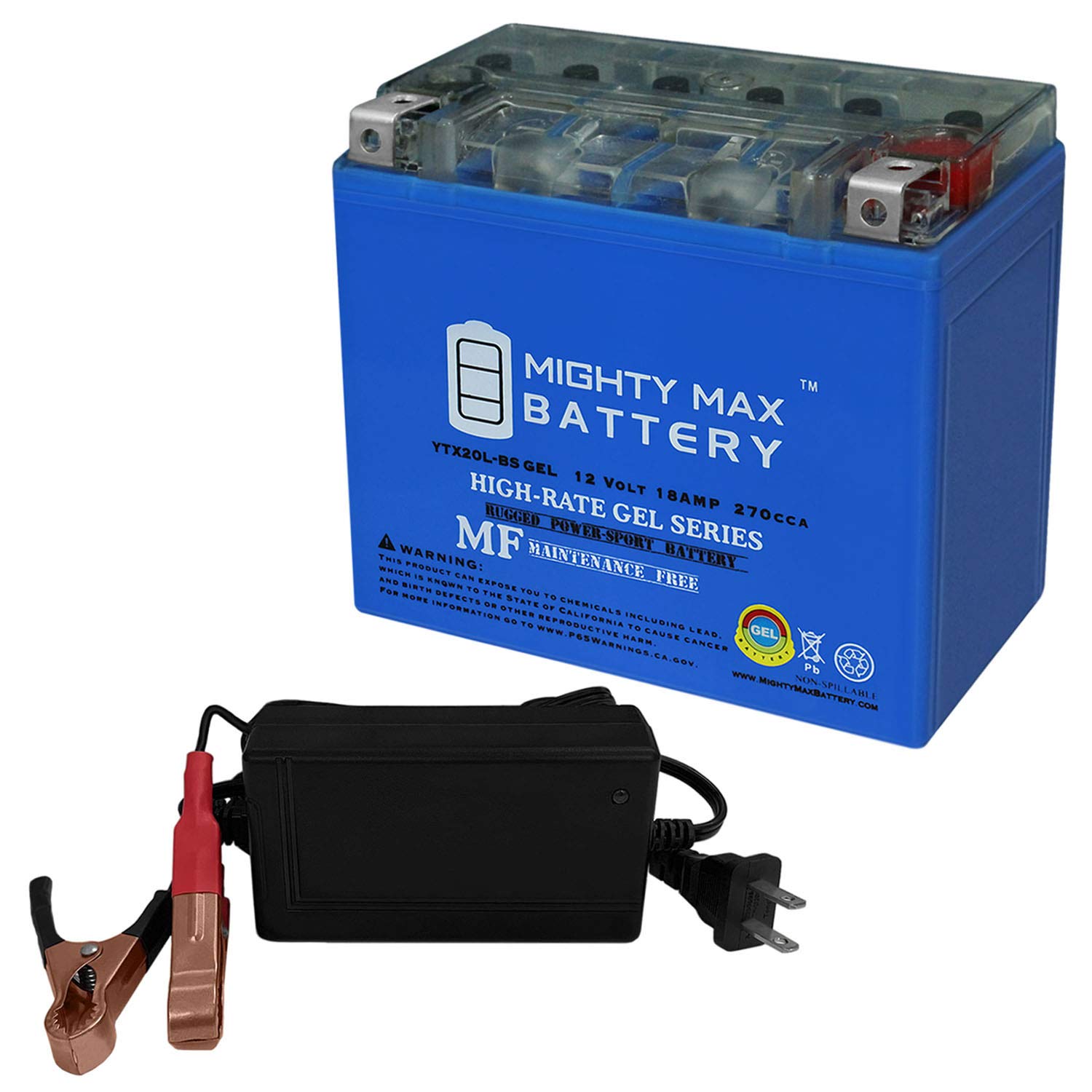 Mighty Max YTX20L-BS 12V 18Ah GEL Replacement Battery for Polaris 4140011 - Compatible with ATVs, Motorcycles & Powersports Vehicles + Includes 12V 4Amp Smart Charger - Perfect for Off-Road Adventures & Winter Storage