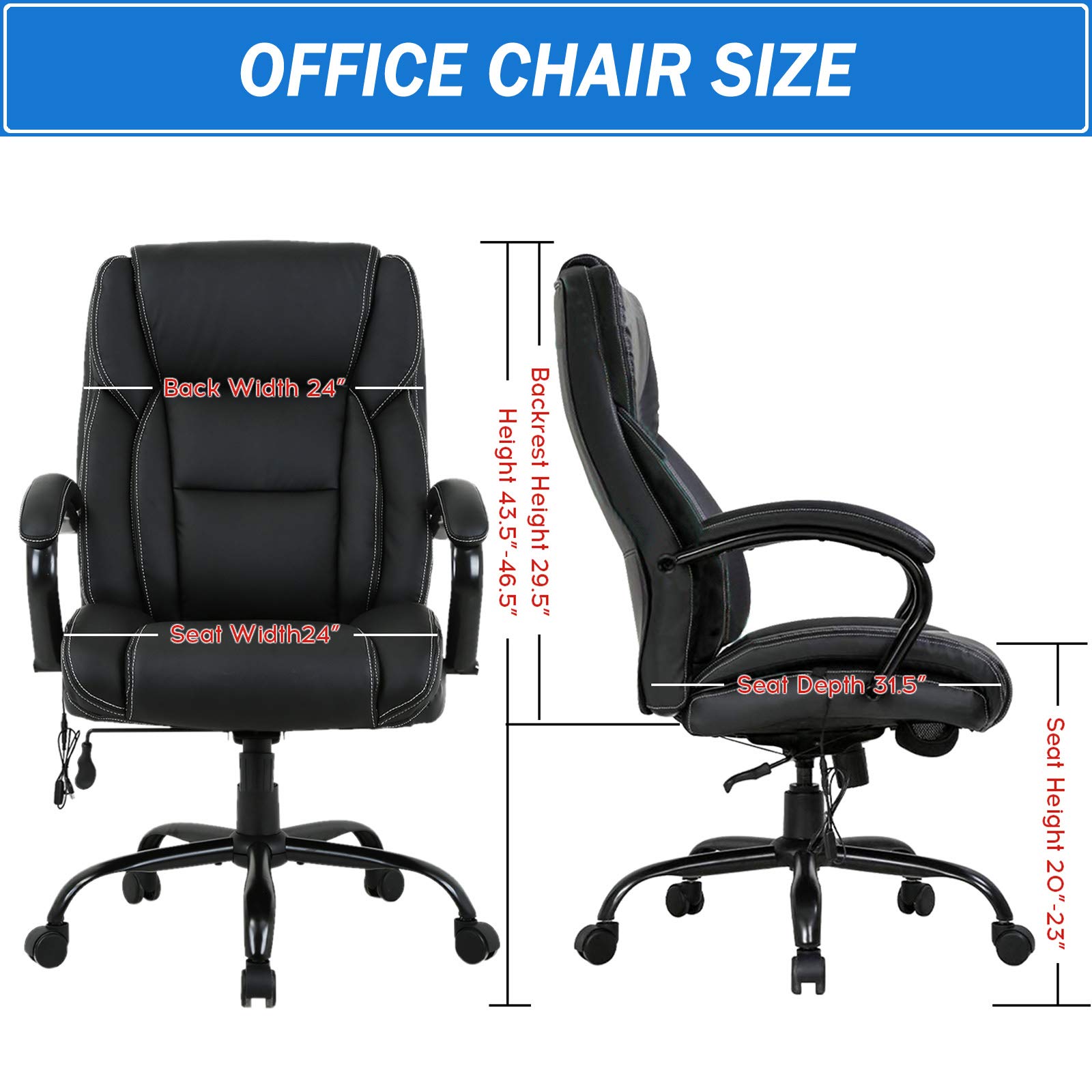 LCH Big & Tall Office Chair 500lbs Capacity - Heavy Duty PU Leather Executive Chair with Massage & Lumbar Support - Wide Seat Ergonomic Desk Chair for Large Adults - Perfect for Home Office & Gaming Setup (Black)
