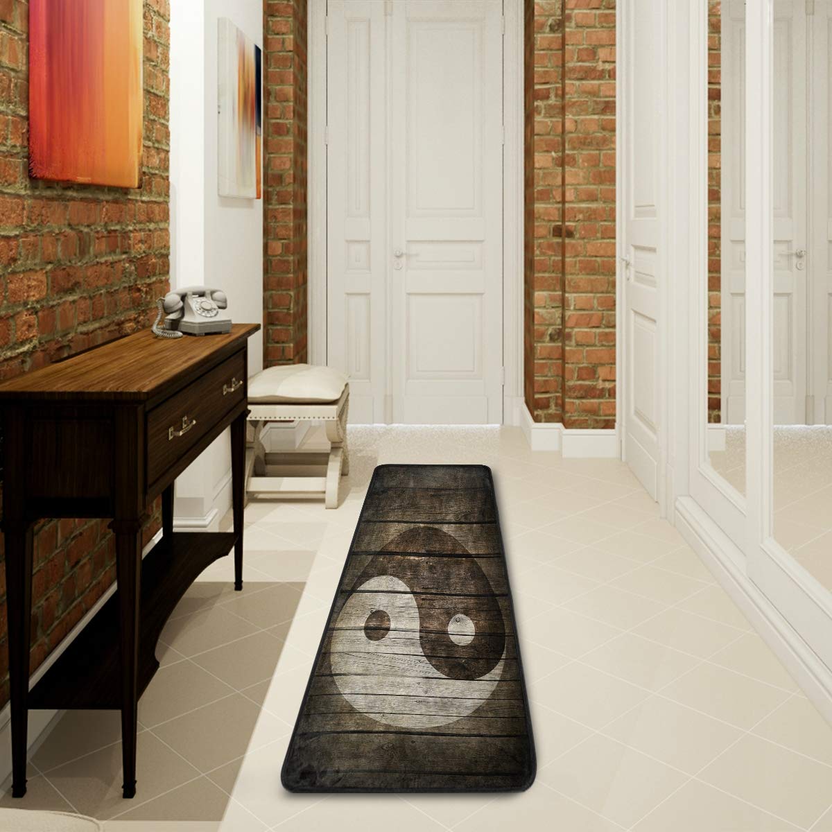 ALAZA Yin Yang Wooden Area Rug - 2' x 6' Handmade Oriental Floor Mat for Living Room, Bedroom & Kitchen Decor | Feng Shui Home Accent & Meditation Space Design