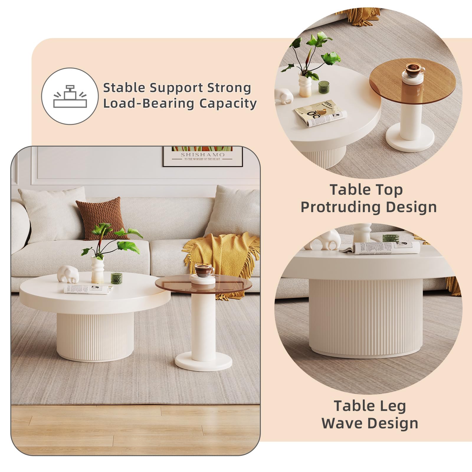 Modern 2-in-1 Round Nested Coffee Table Set - Creamy White Coffee Table with Tempered Glass Side Table - Space-Saving End Tables for Living Room, Bedroom & Small Spaces - Perfect for Coffee Time, Reading Nook & Home Decor