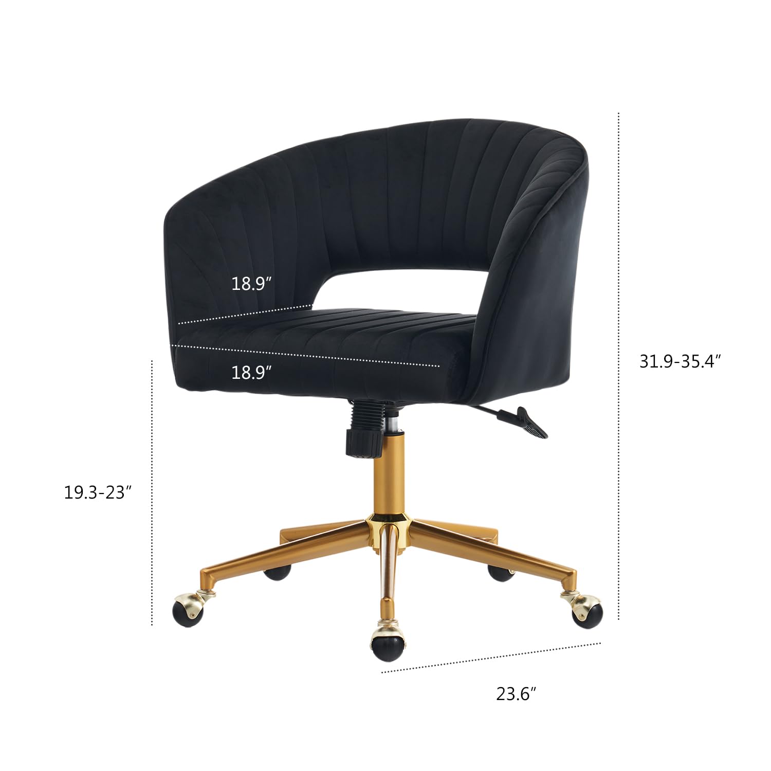 Kiztir Velvet Home Office Chair with Gold Base - Modern Swivel Desk Chair with Round Solid Wheels & Adjustable Height - Ergonomic Computer Chair for Study, Living Room, Bedroom - Perfect for Remote Work & Home Decor (Black)