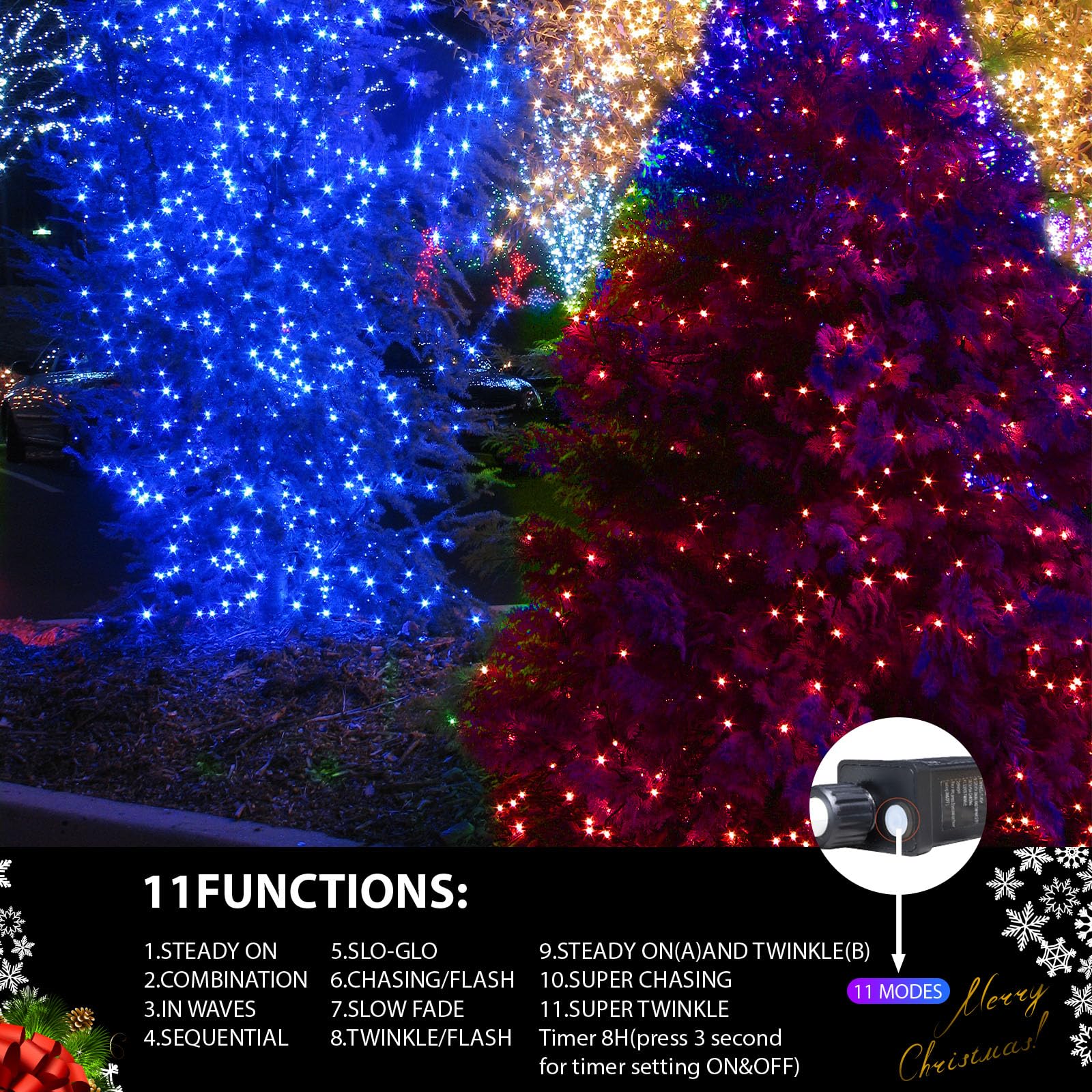 500 LED String Lights Outdoor Waterproof - 46ft Plug-in Christmas Fairy Lights with 11 Modes (Green & Red) for Bedroom, Garden, Party & Holiday Decorations
