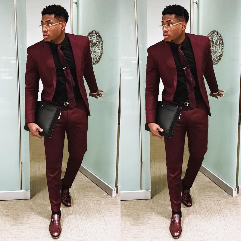 Burgundy Two-Piece Men's Suit Slim Fit Wedding Groomsmen Blazer & Pants Set - One Button Formal Prom Business Suit for Weddings, Parties & Office Events (CB10422)