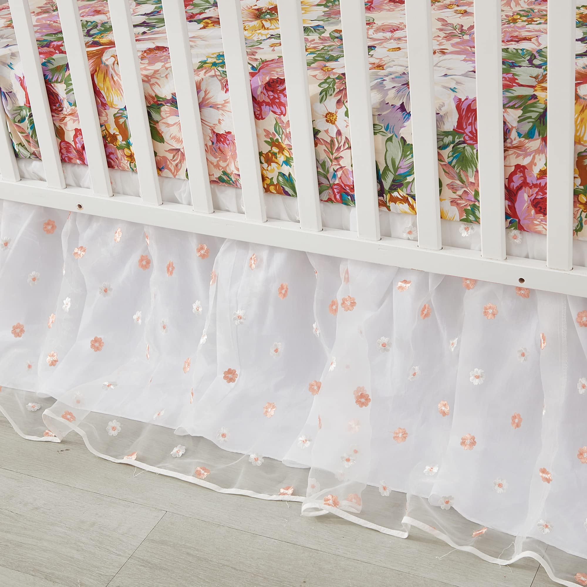 Brandream White Tulle Lace Embroidered Floral Crib Bed Skirt for Baby Girls - Double Layered Dust Ruffle with Solid Cotton - Perfect for Nursery Bedding & Toddler Bed Decor (White)