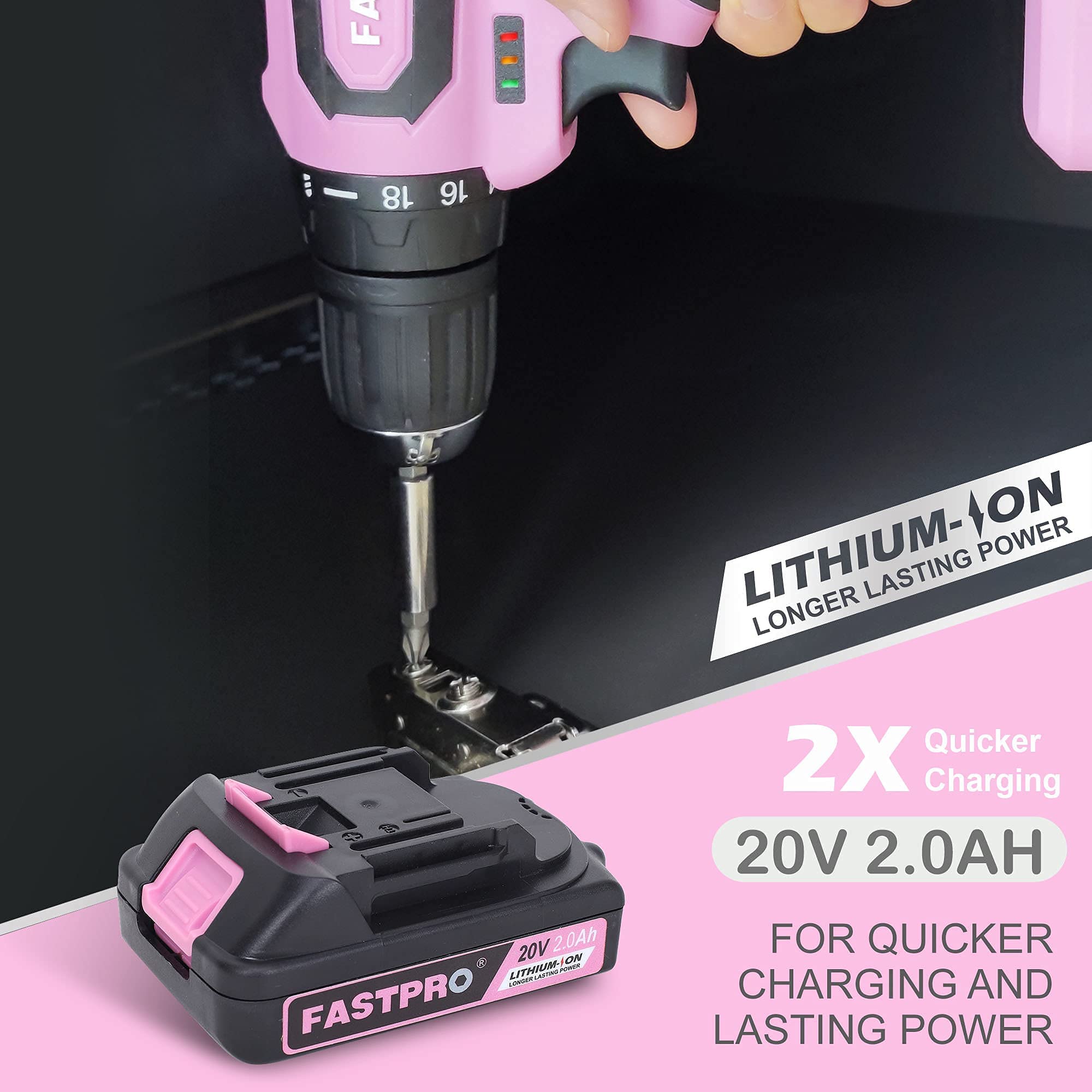 FASTPRO 220-Piece Pink Tool Set for Women - Home Repair Tool Kit with 20V Cordless Lithium-Ion Drill Driver - Perfect for DIY Projects, Household Repairs & Crafting