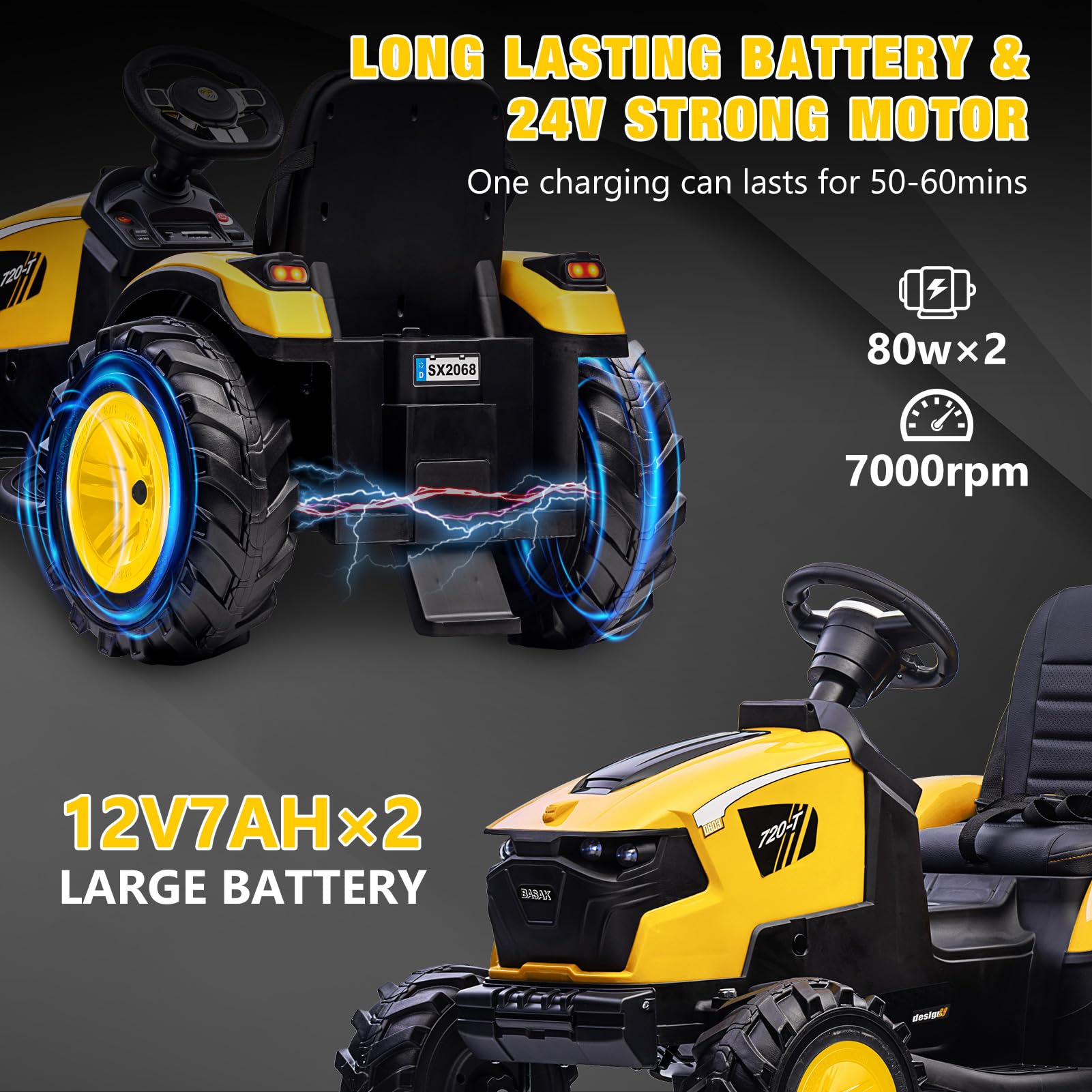 GARVEE 24V Electric 3-in-1 Ride-On Tractor with Excavator & Bulldozer - Remote Control Kids Toy with LED Lights, Music, USB/Bluetooth - Supports Up to 66 lbs - Bright Yellow - Perfect for Outdoor Play, Backyard Fun & Construction Pretend Play