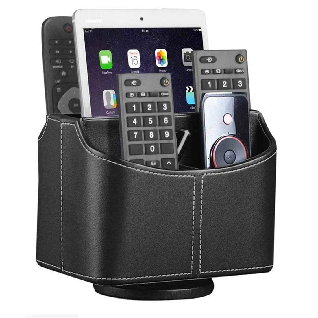 360° Rotating Leather Remote Control Holder - Desk & Bedside Organizer for TV Remote, Phone, Pens, Mail & Accessories | Perfect for Living Room, Bedroom & Office Use