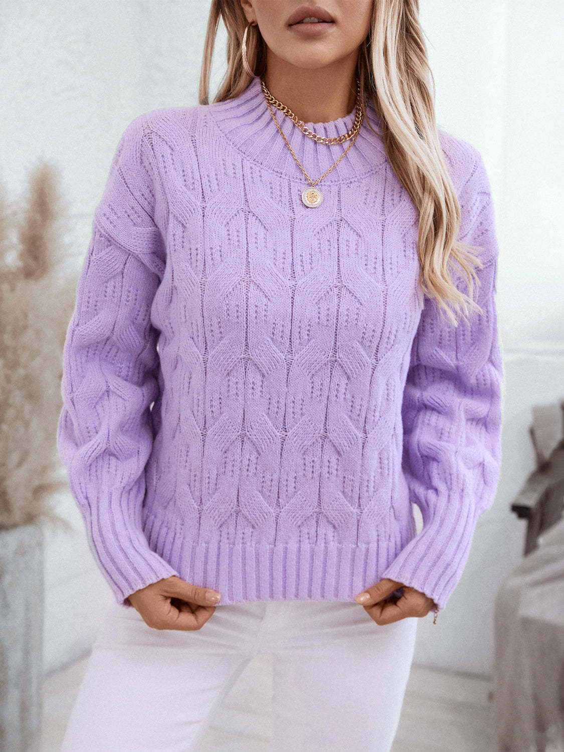 Cozy Cable Knit Mock Neck Long Sleeve Sweater for Women - Winter Warm Pullover - Perfect for Office, Date Night & Holiday Outfits