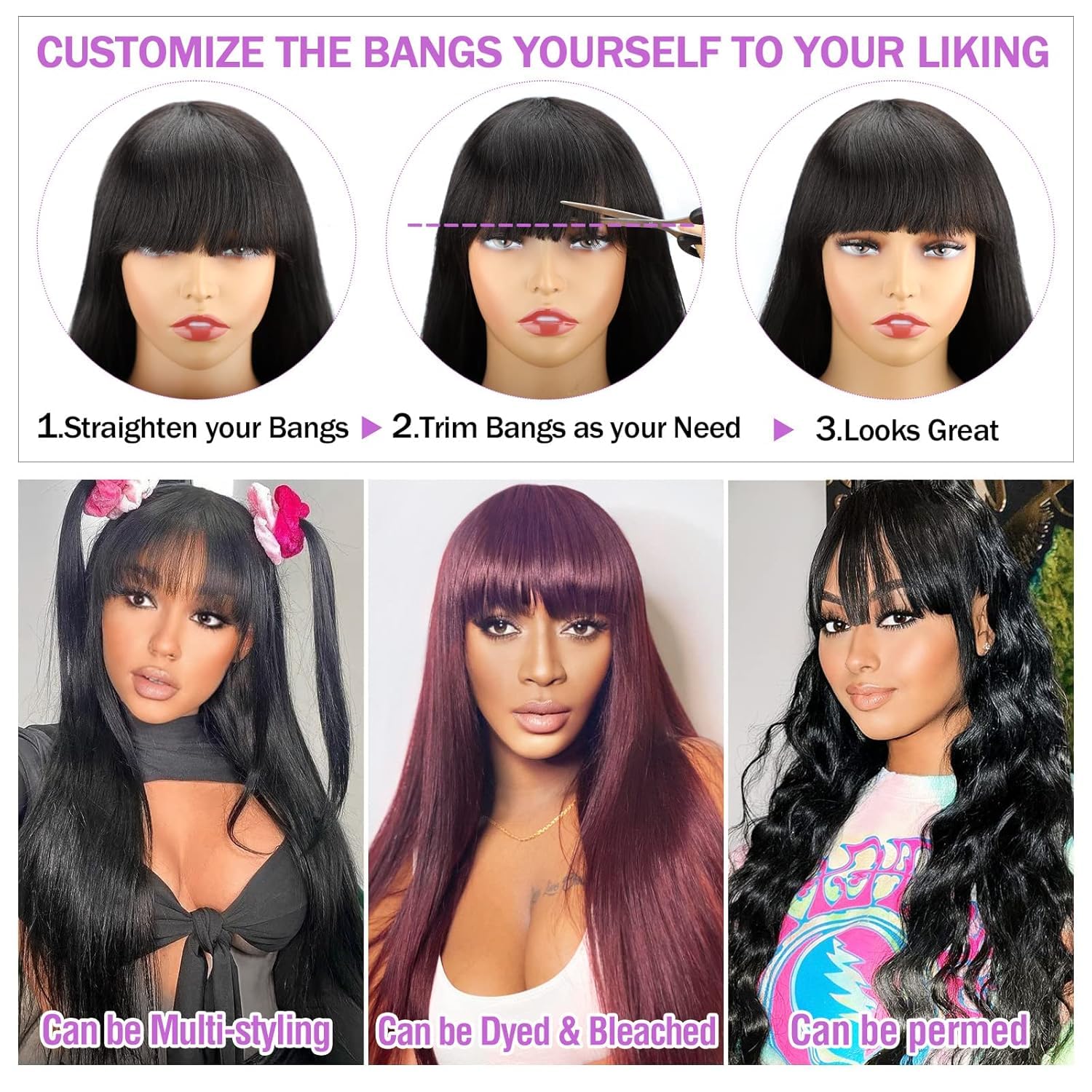 Lzlefho 20-Inch Straight Brazilian Virgin Human Hair Wig with Bangs - 180% Density Glueless Machine Made Wig for Women, No Lace Front, Natural Black | Perfect for Daily Wear, Cosplay & Special Occasions