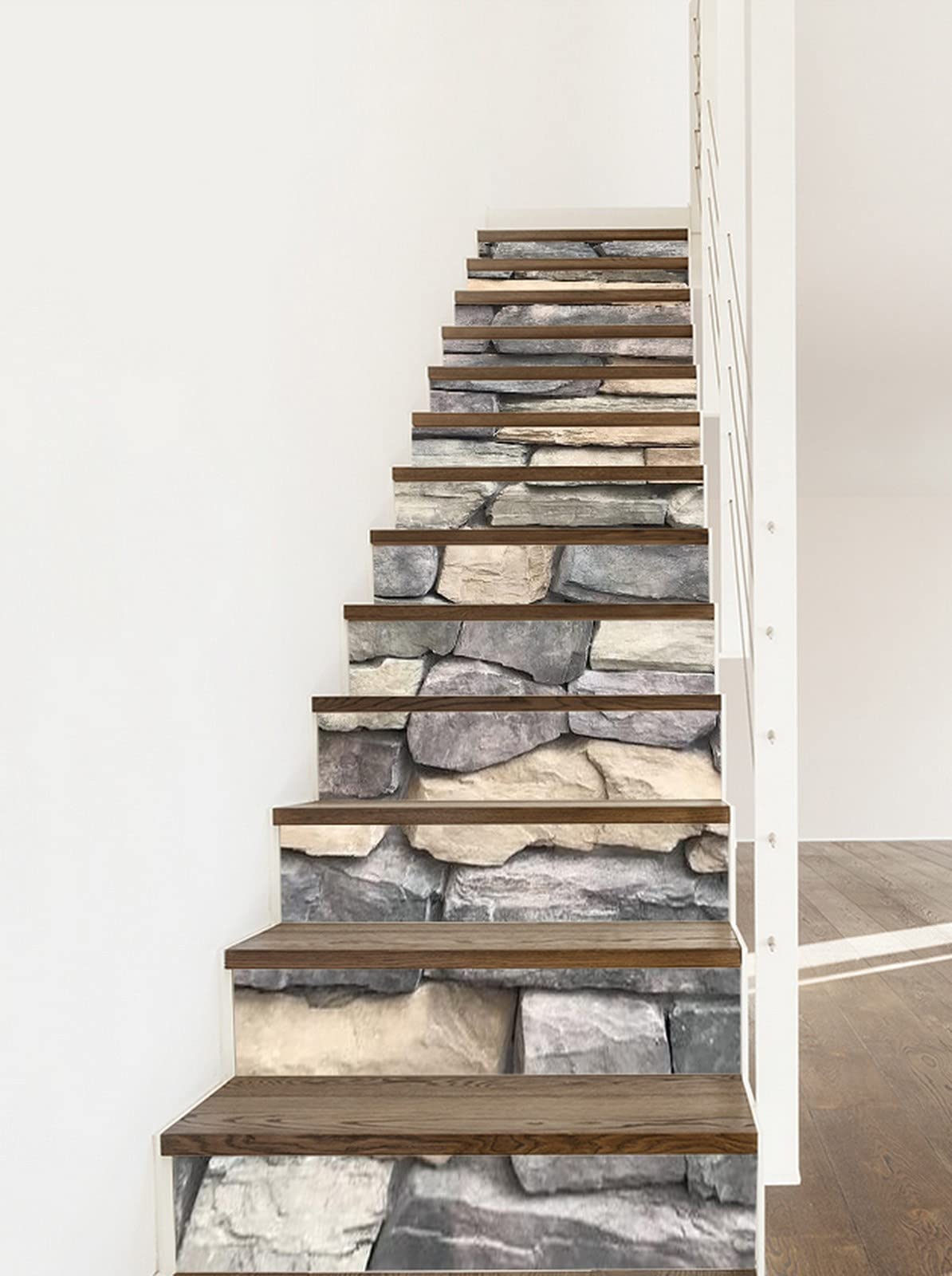 3D Self-Adhesive Removable Stair Stickers - Rocks & Stones Brick Wall Texture Vinyl Decals for Stair Risers, Kitchen Tiles, and Walls - 13-Piece Abstract Background Mural Set - Perfect for Home Renovation, DIY Decor, and Interior Design Projects