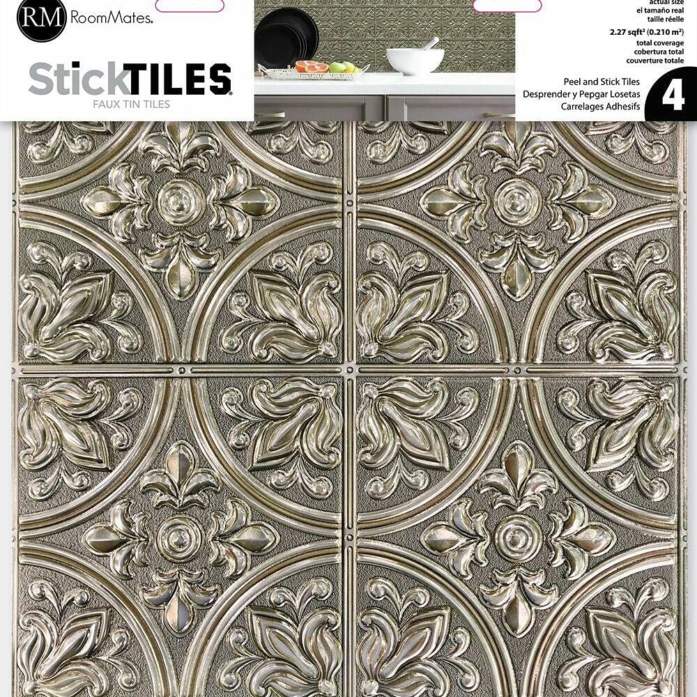 RoomMates TIL4625FLT Peel and Stick Tile Backsplash - Gold Tin Metallic Self-Adhesive Wall Tiles for Kitchen, Bathroom & Home Decor | Easy DIY Installation, Waterproof & Removable