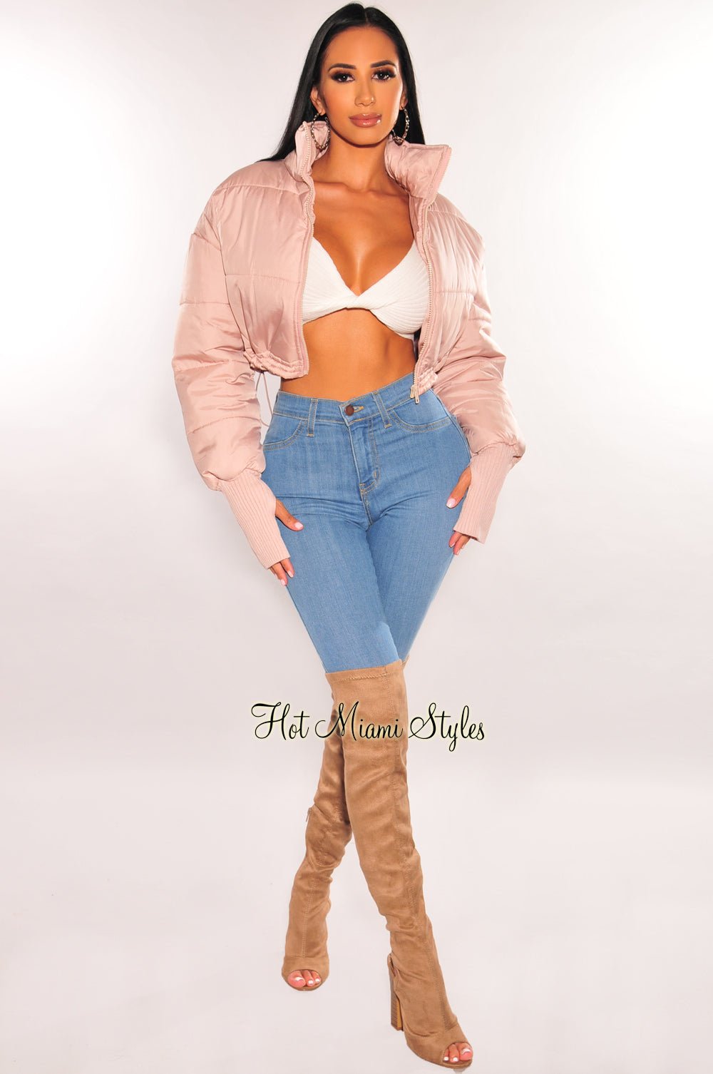 Dusty Pink Cropped Puffer Jacket with Zipper & Long Sleeves | Women's Winter Fashion Outerwear for Casual Outings & Street Style