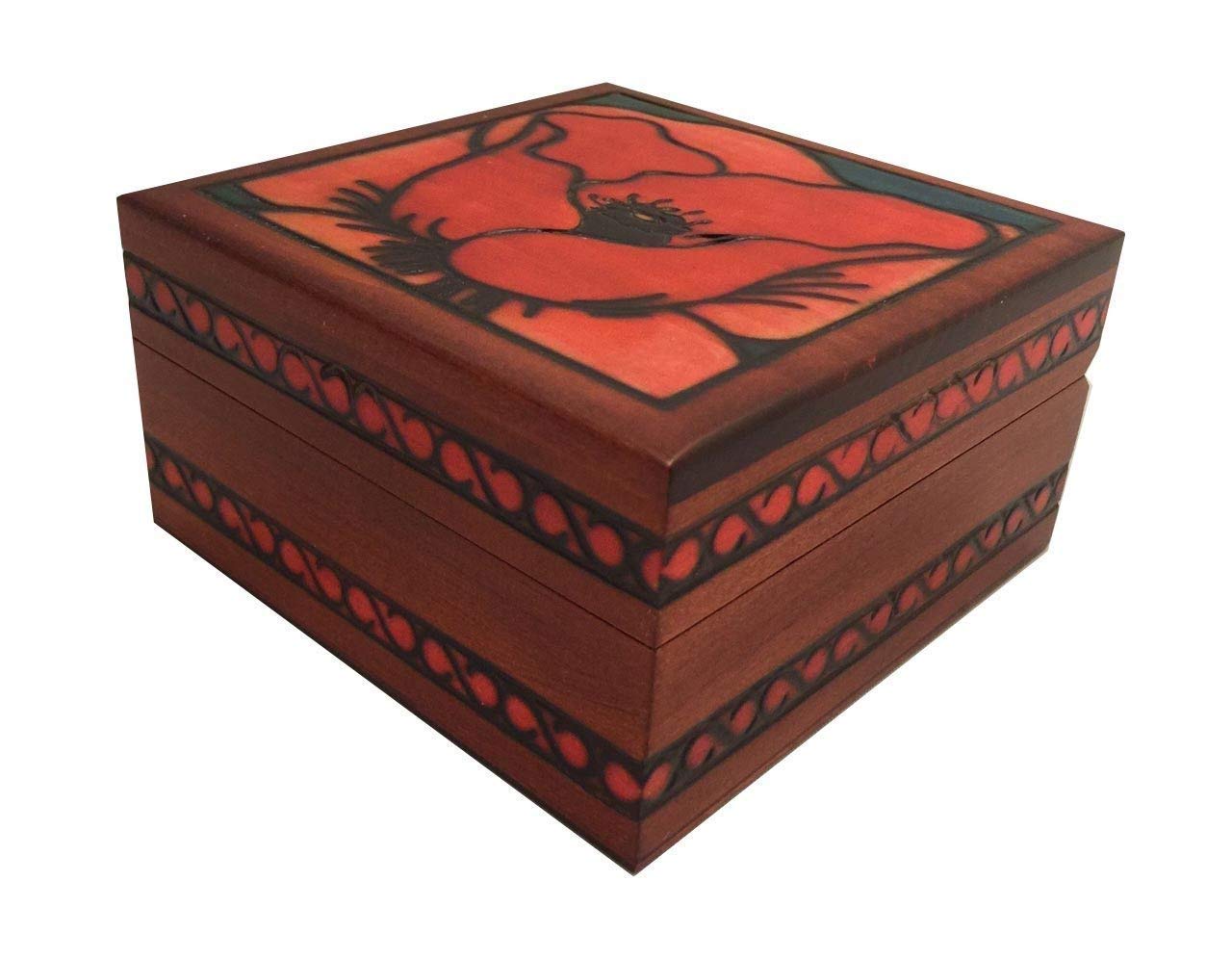 Handmade Wooden Decorative Box with Red Poppy Design - Jewelry Keepsake & Gift Box for Home Decor, Wedding Favors, and Storage (6x4 Inches)