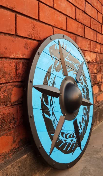 Handmade Wooden Viking Shield with Dragon Face & Ouroboros Design - Authentic Battleworn Norse Shield for LARP, Cosplay, Home Decor & Viking Reenactments
