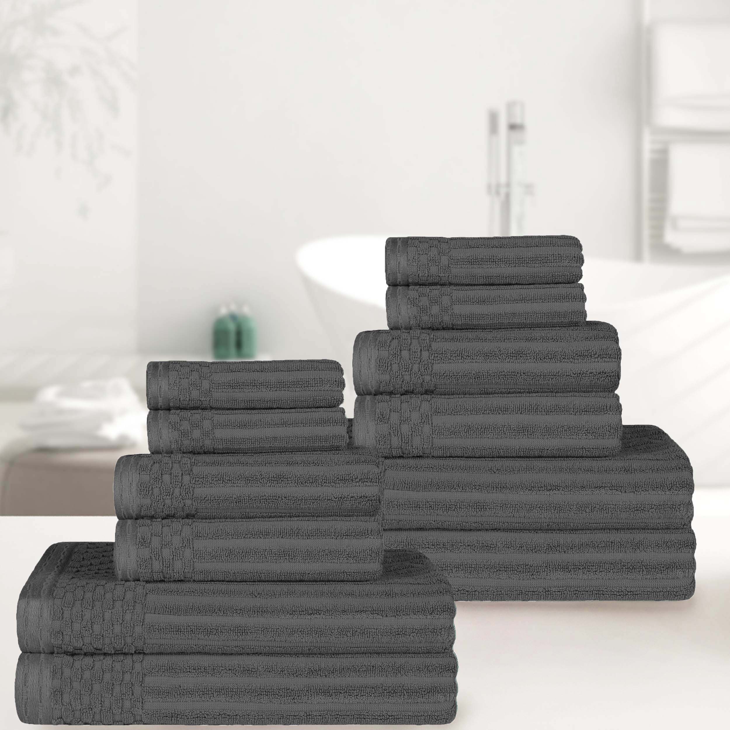 Premium 12-Piece Ribbed Textured Cotton Towel Set - Medium Weight Bath & Hand Towels for Spa, Guest Bathroom & Luxury Home Decor