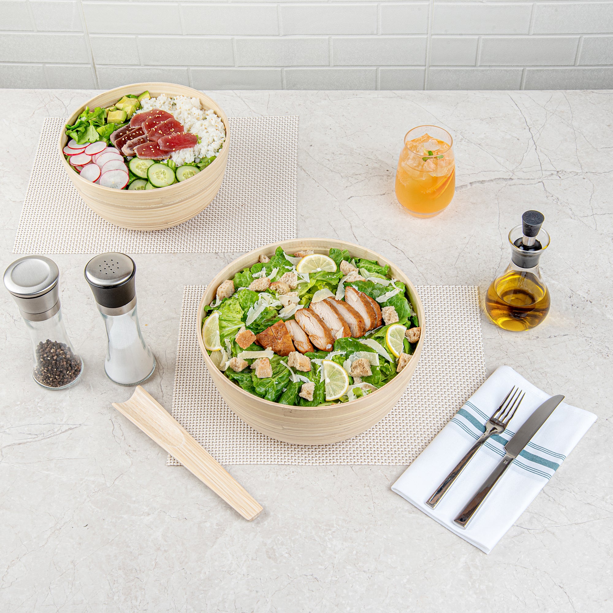 Bambuddha 30 oz Large Round Natural Spun Bamboo Salad Bowl - 11 x 11 x 5.5 Inches - Eco-Friendly Serving Bowl for Salads, Pasta, Fruits & Party Dishes - 1 Count Box