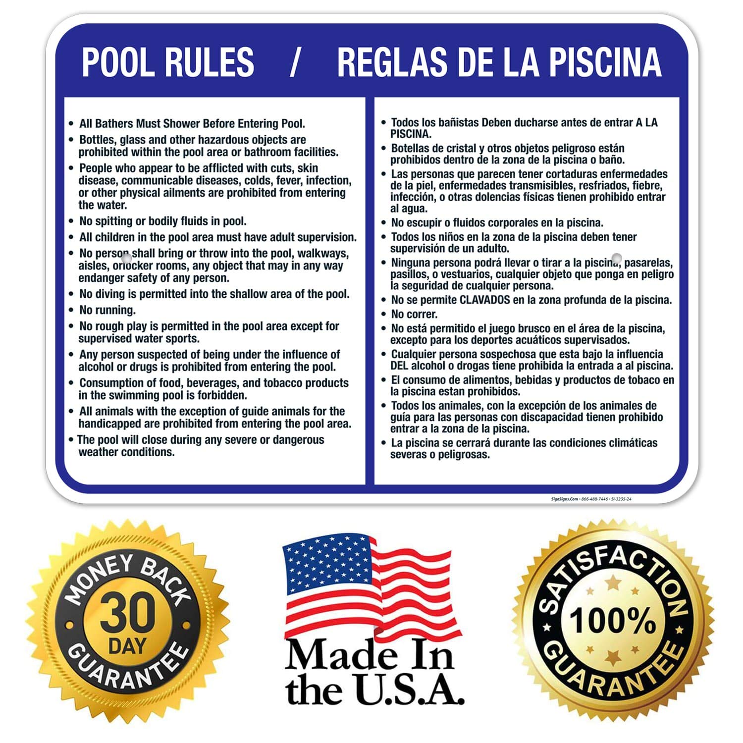 Bilingual Pool Rules Sign - English & Spanish, 18x24 Inches, Rust-Free .063 Aluminum, Fade-Resistant, Easy Mounting for Indoor & Outdoor Use - Made in USA | Perfect for Community Pools, Water Parks & Backyard Swimming Areas