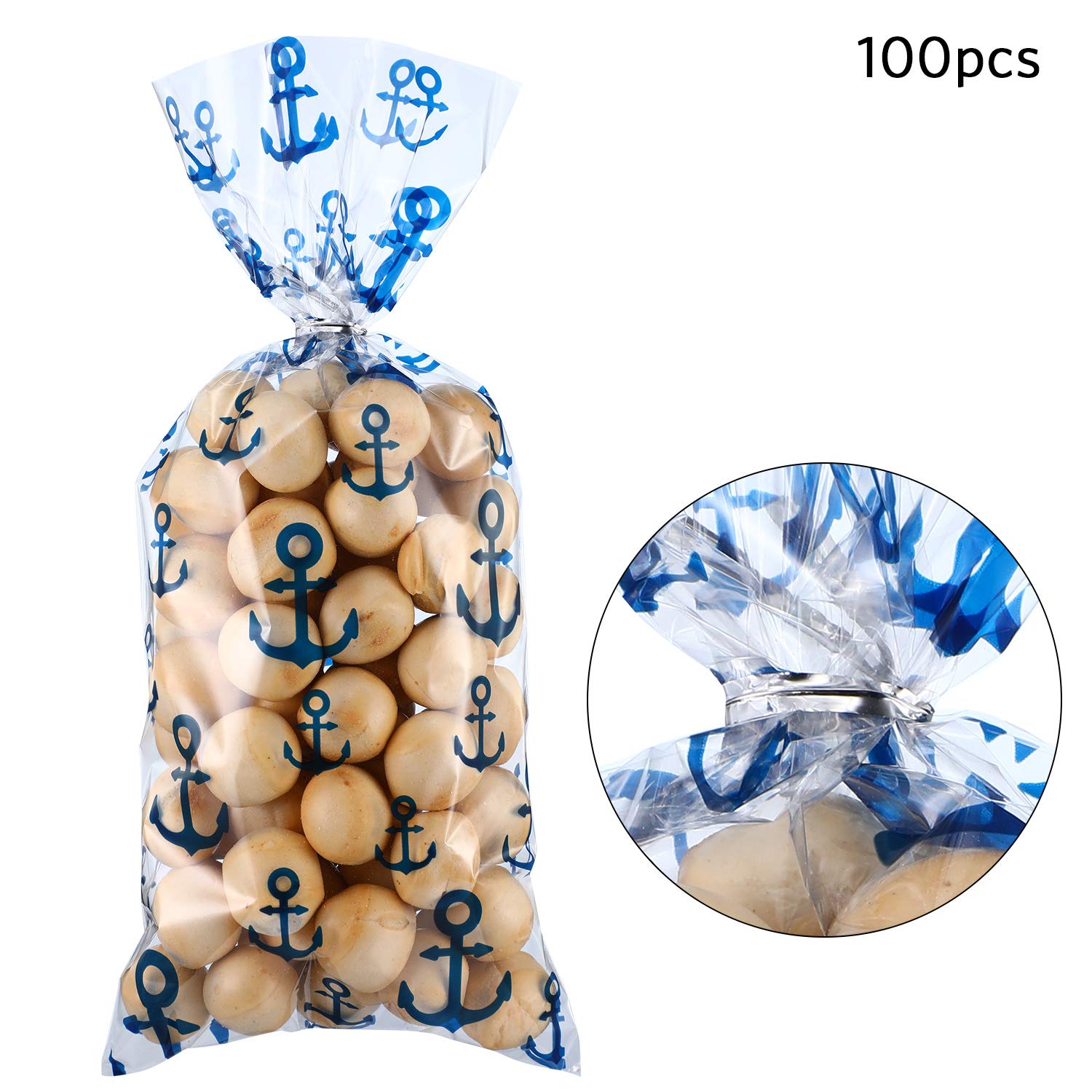 Blulu 100-Pack Nautical Anchor Design Cellophane Bags with Twist Ties - Heat Sealable Candy & Treat Bags for Parties, Cruises, Beach Events, Birthdays & Baby Showers (Navy Blue) | Perfect for Wedding Favors, Holiday Gifts & Candy Packaging