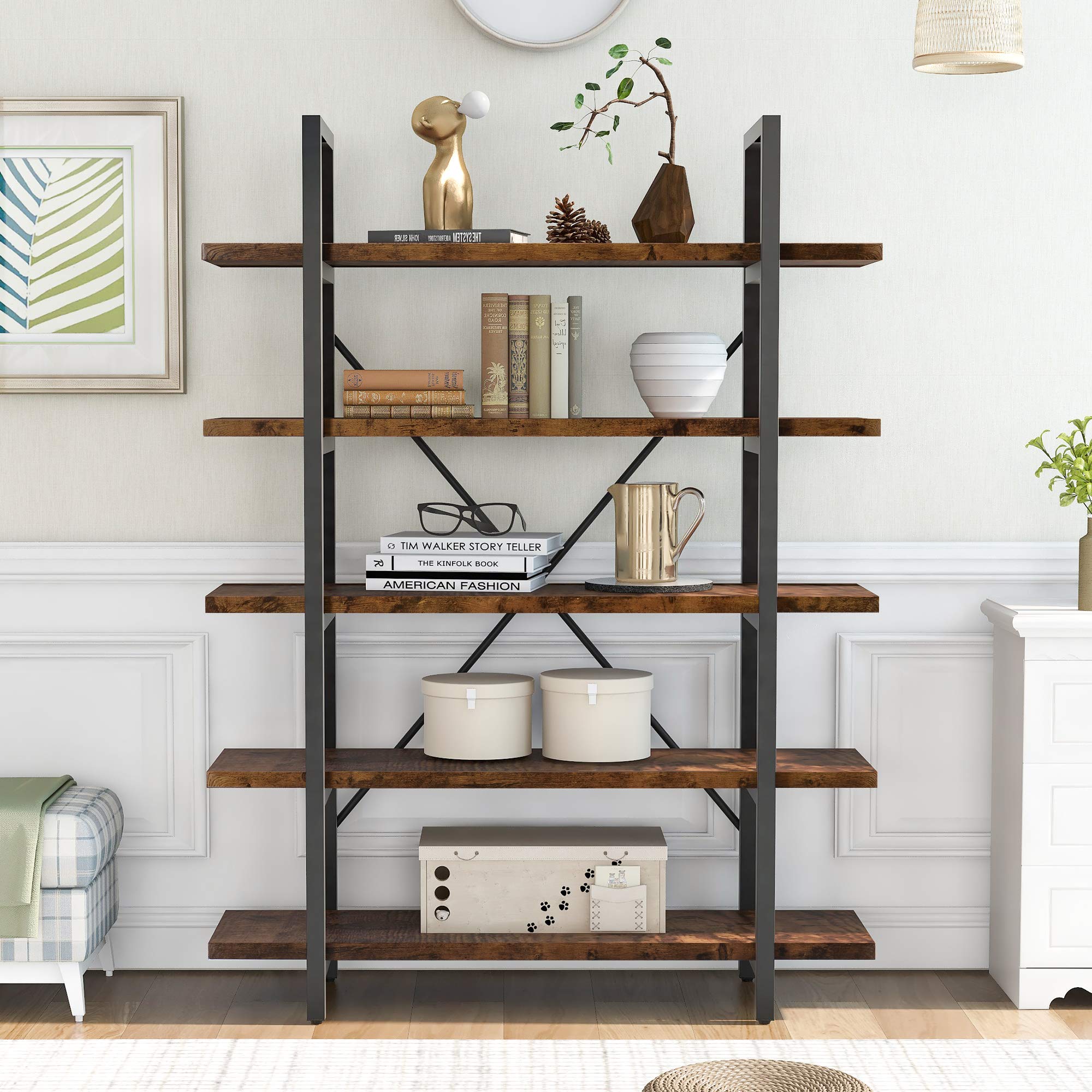 Merax 5-Tier Industrial Bookshelf - Rustic Brown Wood & Metal Frame Open Bookcase, 63