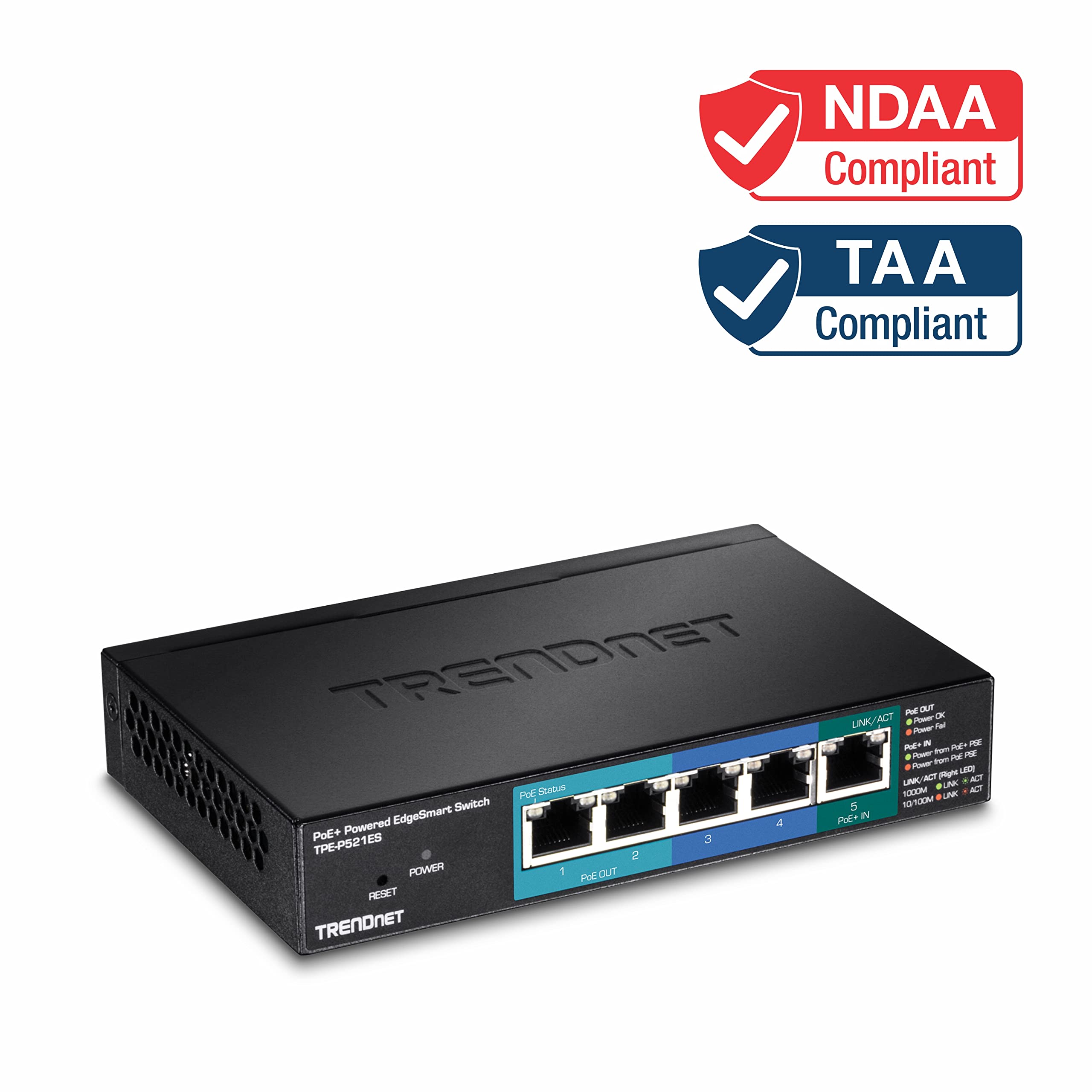 TRENDnet TPE-P521ES 5-Port Gigabit PoE+ Switch - EdgeSmart Managed Network Switch with 18W PoE Budget, 10Gbps Capacity, Wall Mountable & Lifetime Warranty - Ideal for Home Office, Small Business Networks & IP Camera Systems