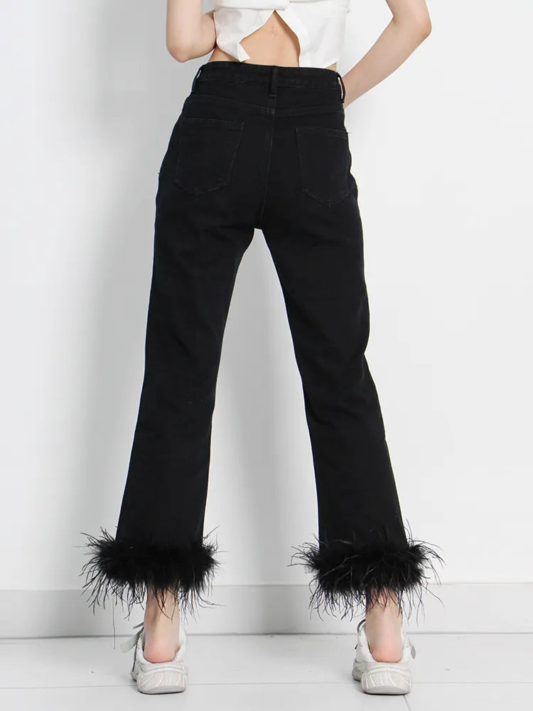 Women's Black Patchwork Feather Pants - High Waist Minimalist Trousers | Korean Fashion Style | Perfect for Casual Wear, Office Outfits & Street Style