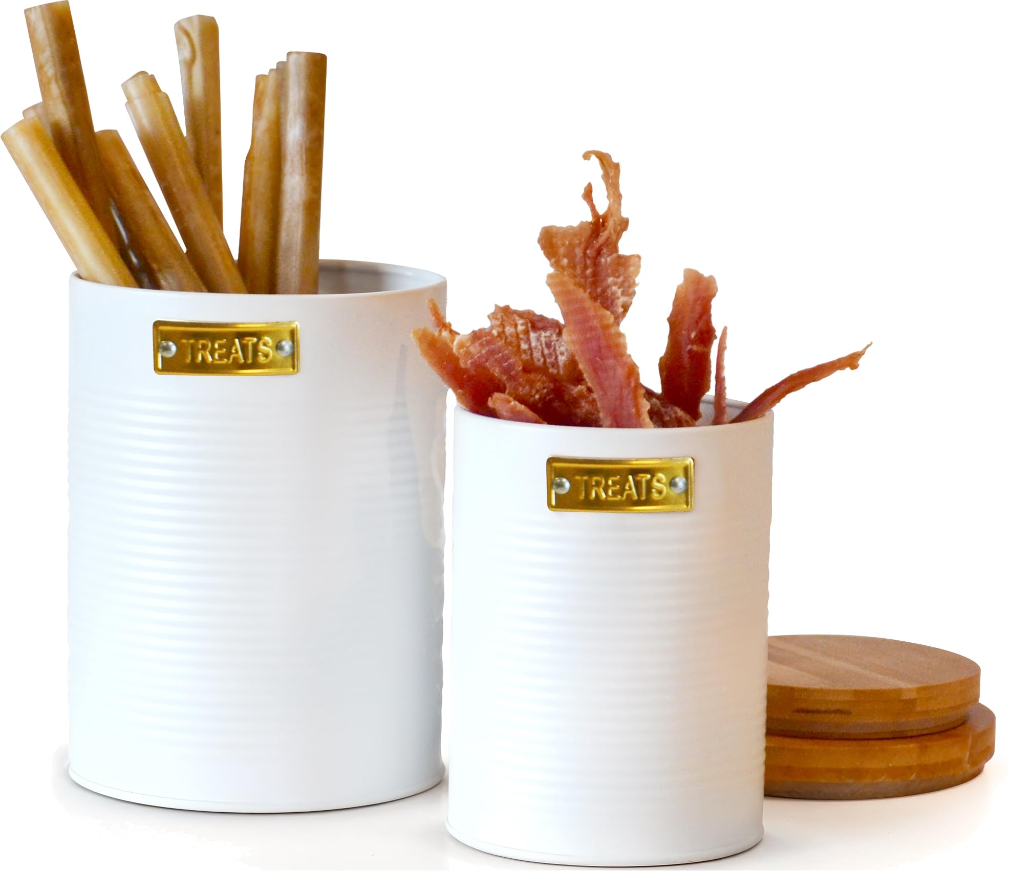 Barkley & Evans 2-Pack Pet Food Storage Canisters - Airtight Metal Containers for Dog & Cat Treats - Matte White & Gold with Bamboo Lids - Perfect for Kitchen Countertop or Pantry Organization