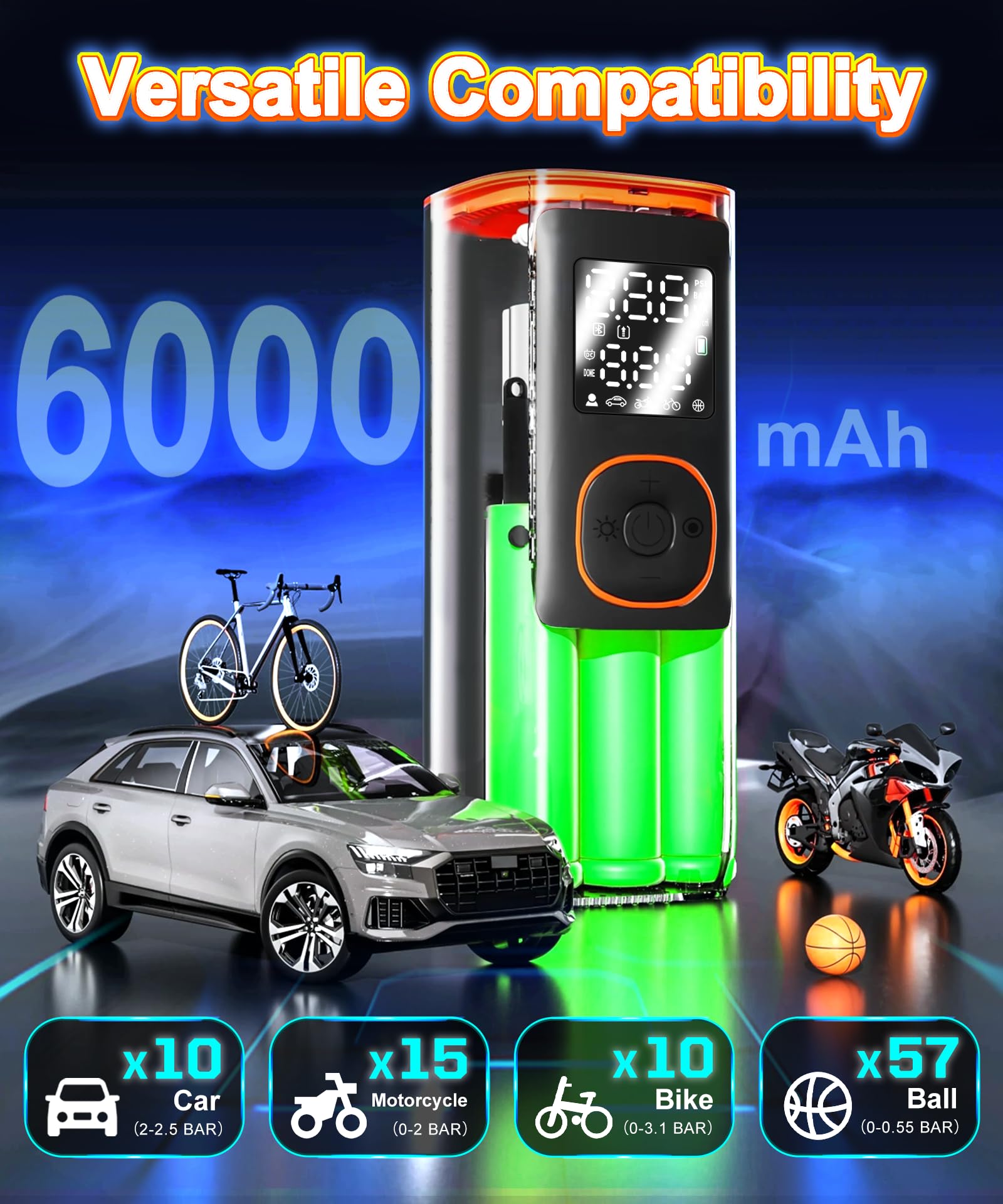 Portable Tire Inflator for Car & Motorcycle - 160PSI Air Compressor with Digital Pressure Gauge, LED Light - Fast Inflation for Car Tires, Bike, Sports Balls - Perfect for Road Trips, Emergency Use & Home Garage