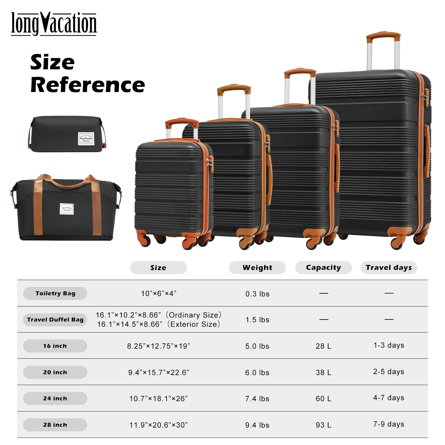 LONG VACATION 6-Piece Lightweight ABS Hardshell Luggage Set with TSA Lock & Spinner Wheels - Black-Brown Carry On Suitcase for Travel, Business Trips & Family Vacations