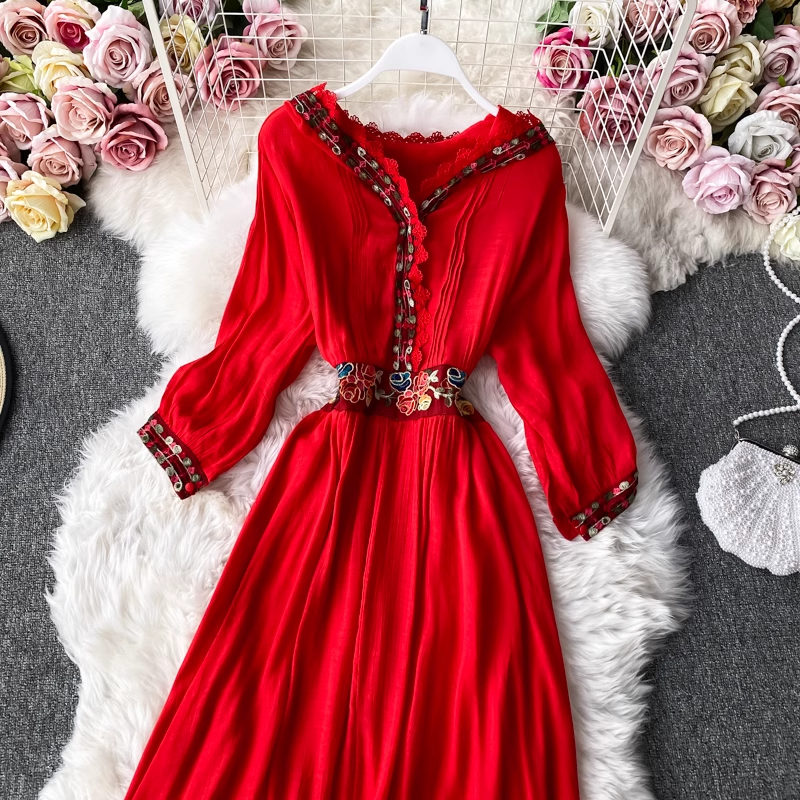 Embroidered V-Neck Dress with Ruffle Trim - Elegant Long Skirt for Women | Perfect for Weddings, Parties & Special Occasions