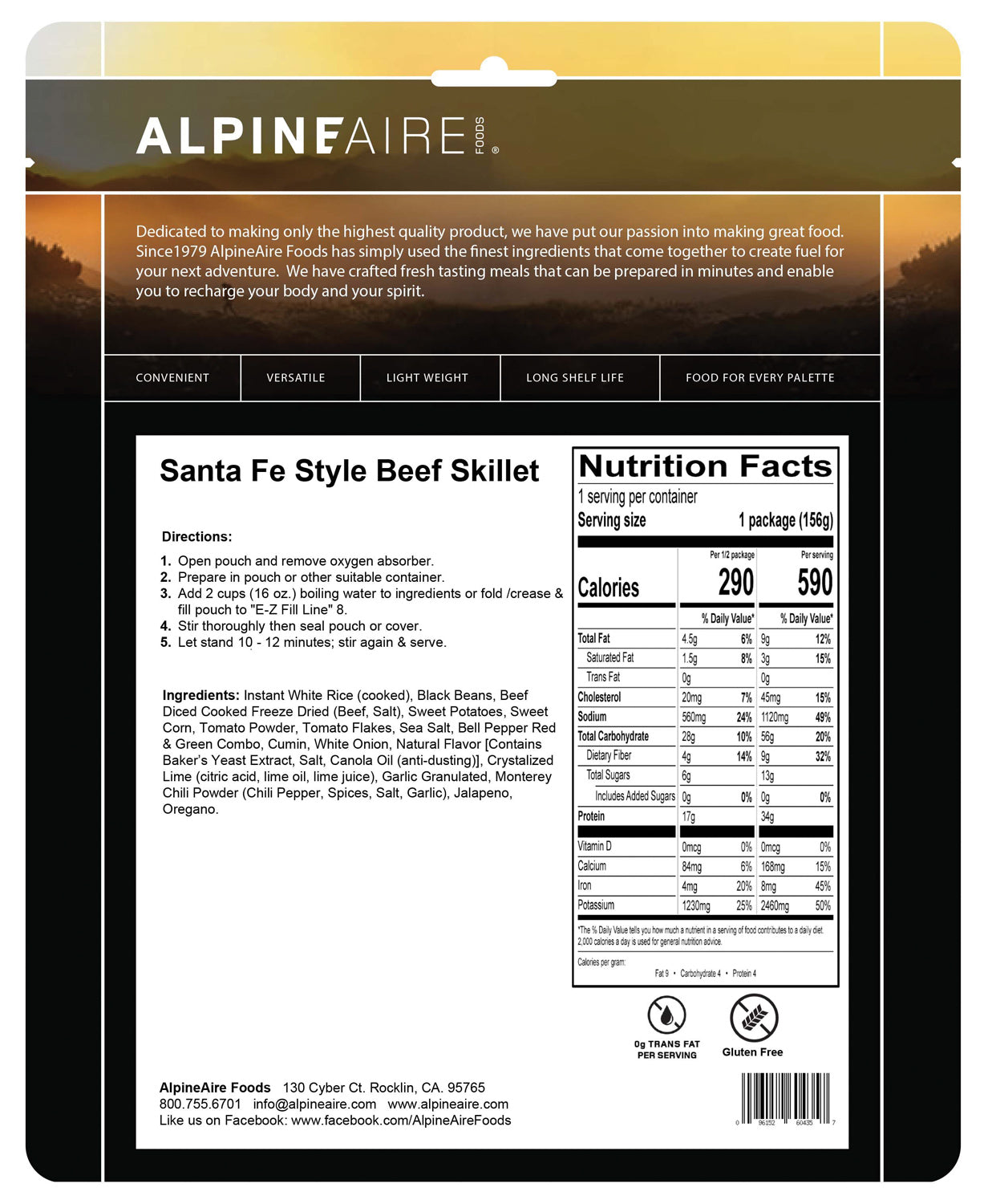 Alpine Aire Santa Fe Beef Skillet - Freeze Dried Camping Meal, High Protein Backpacking Food for Hiking, Emergency & Outdoor Adventures