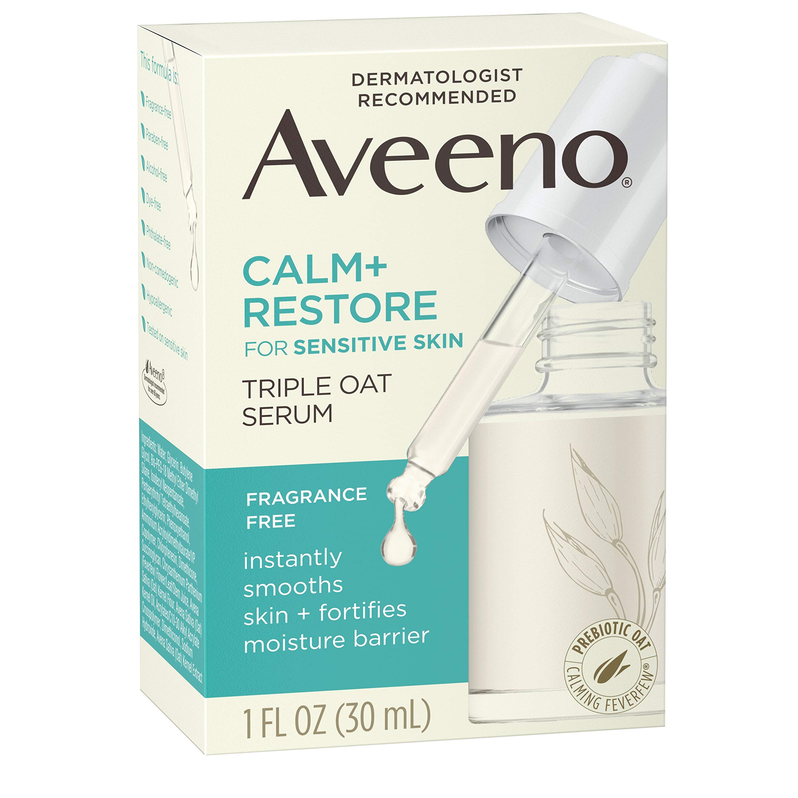 Aveeno Calm + Restore Triple Oat Hydrating Face Serum for Sensitive Skin - Gentle, Lightweight Facial Serum to Smooth & Strengthen Skin - Hypoallergenic, Fragrance-Free, Paraben-Free - 1 fl oz (5 Pack) - Perfect for Daily Skincare Routine & Soothing Irritated Skin