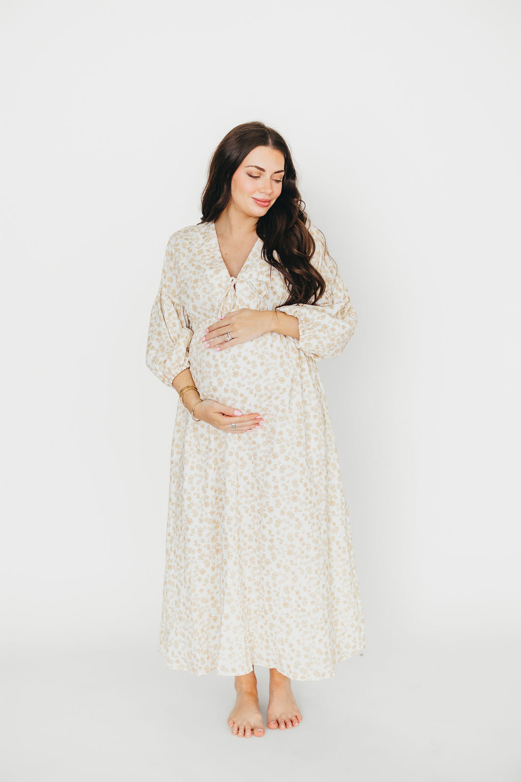 Hunter 100% Cotton Gauze Midi Dress - Natural/Fawn Floral Print | Bump Friendly Maternity Dress | Perfect for Summer, Beach & Pregnancy Photoshoots