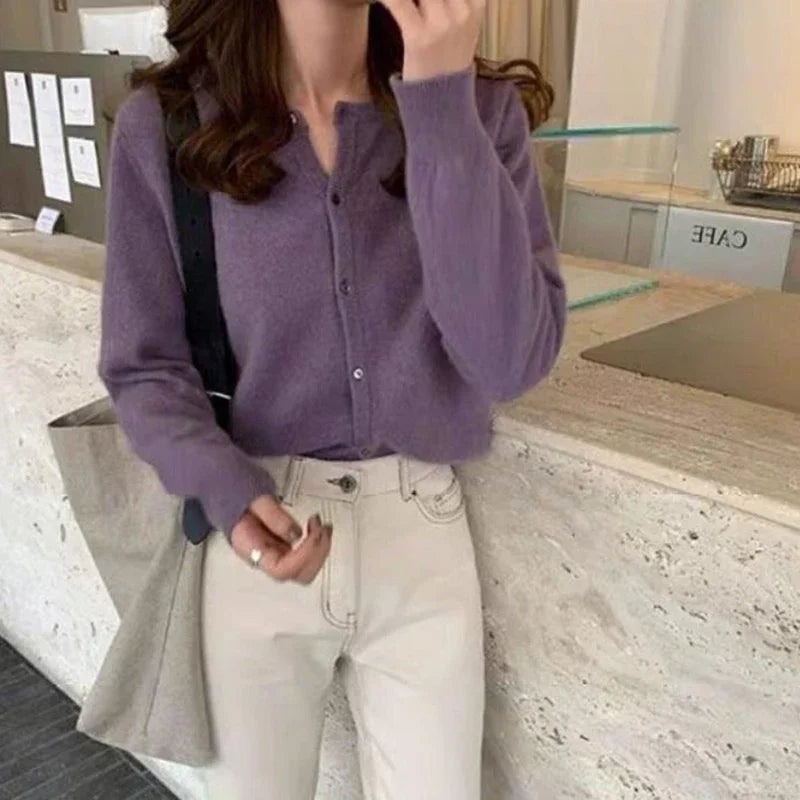 Solid Color Knitted Cardigan Round Neck Sweater for Women - Cozy Casual Pullover for Fall & Winter - Perfect for Office, Dating, and Travel
